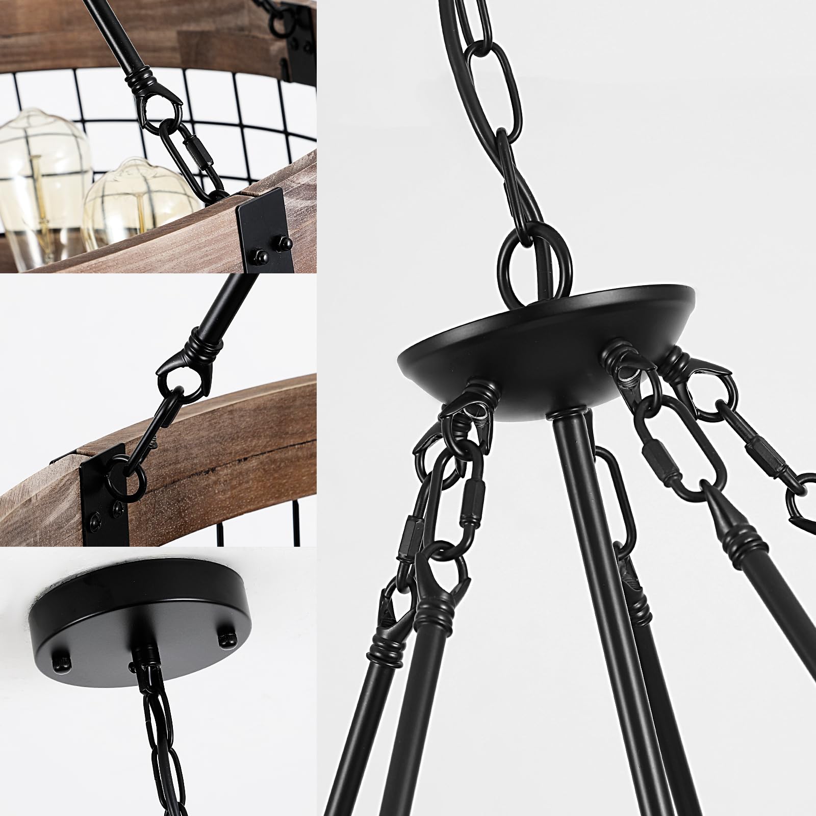 LamQee 24" Farmhouse Chandelier, 6-Light Pendant with Wood & Black Metal Shade, Adjustable Height Lighting for Kitchen & Entryway