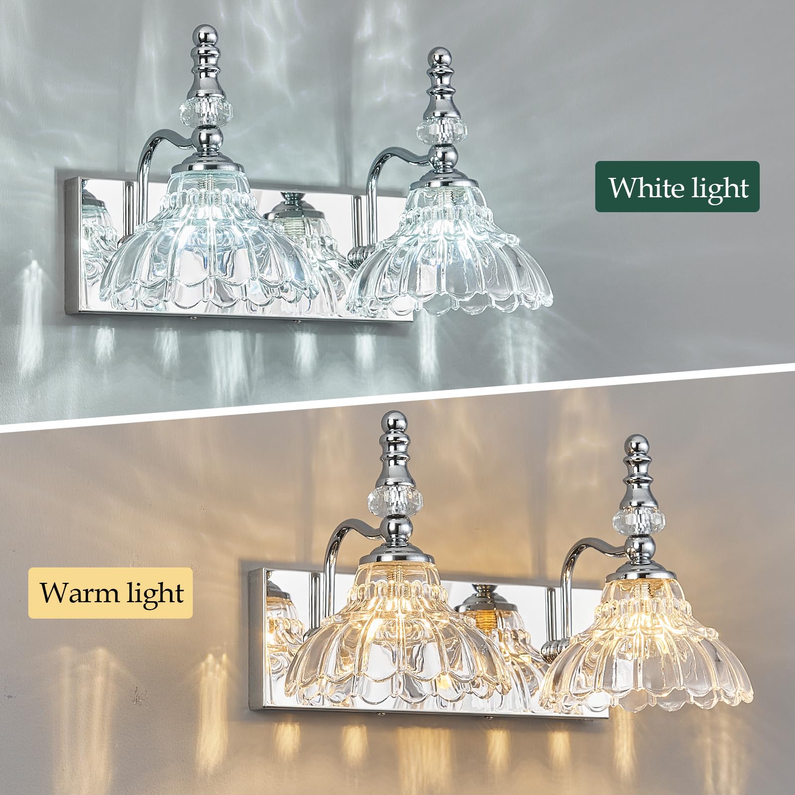 Lbsqj Vintage Bathroom Vanity Light  2-Light Chrome Vanity Lighting Fixture With Flower Glass Shade  Bathroom Lighting Fixtures Over Mirror