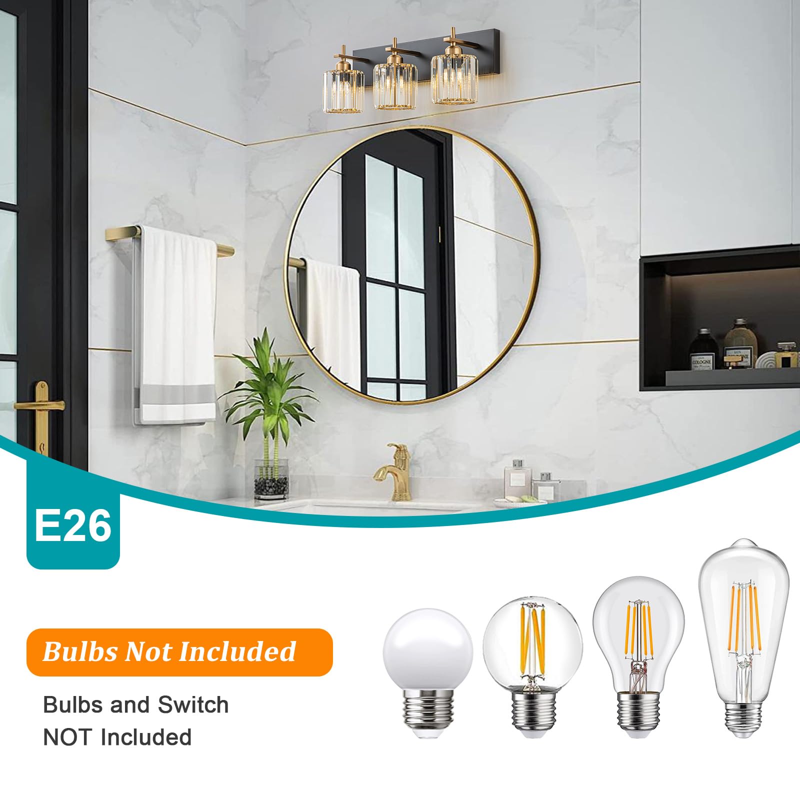 Huoku Modern Crystal Bathroom Vanity Lights, Black Gold 3-Lights Bathroom Light Fixtures Over Mirror, Crystal Wall Lighting With