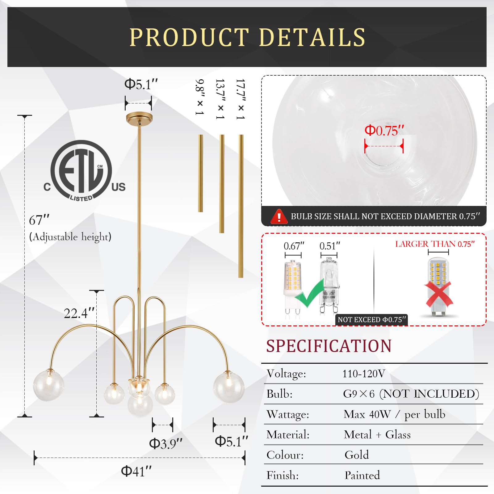 Catiner Gold Sputnik Chandelier,6 Lights Large Modern Chandelier L40”Mid Century Long Ceiling Pendant Light Fixtures For Dining Room With Clear Glass Globe Shades For High Ceiling Foyer Living Room
