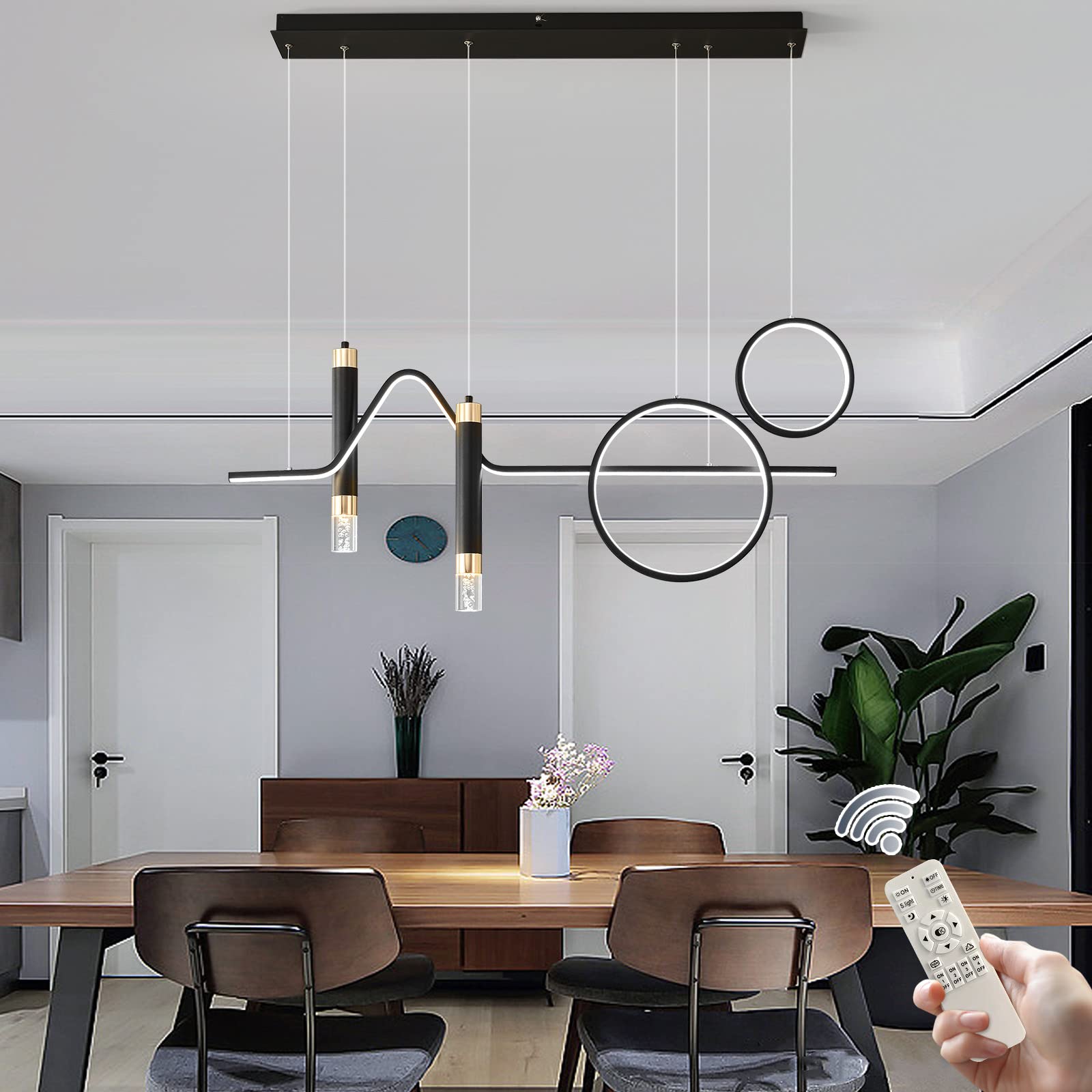 Siittoo LED Pendant Light Fixture, 45W Dimmable Chandelier, 37in Black, Wrought Iron, Model FM7421, Geometric Shapes & Bubbles