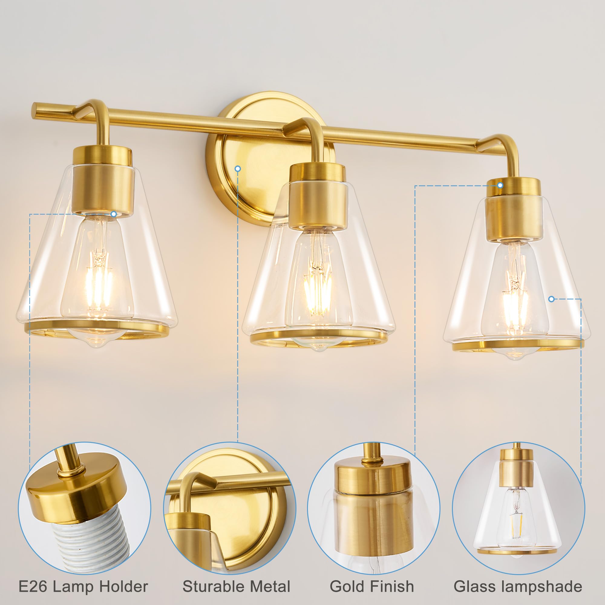 Nadosa Gold Vanity Light Bathroom Light Fixtures Over Mirror 3 Lights Bathroom Vanity Lights With Clear Glass Shade 22 Inch Modern Wall Sconce Bathroom Lights For Bath