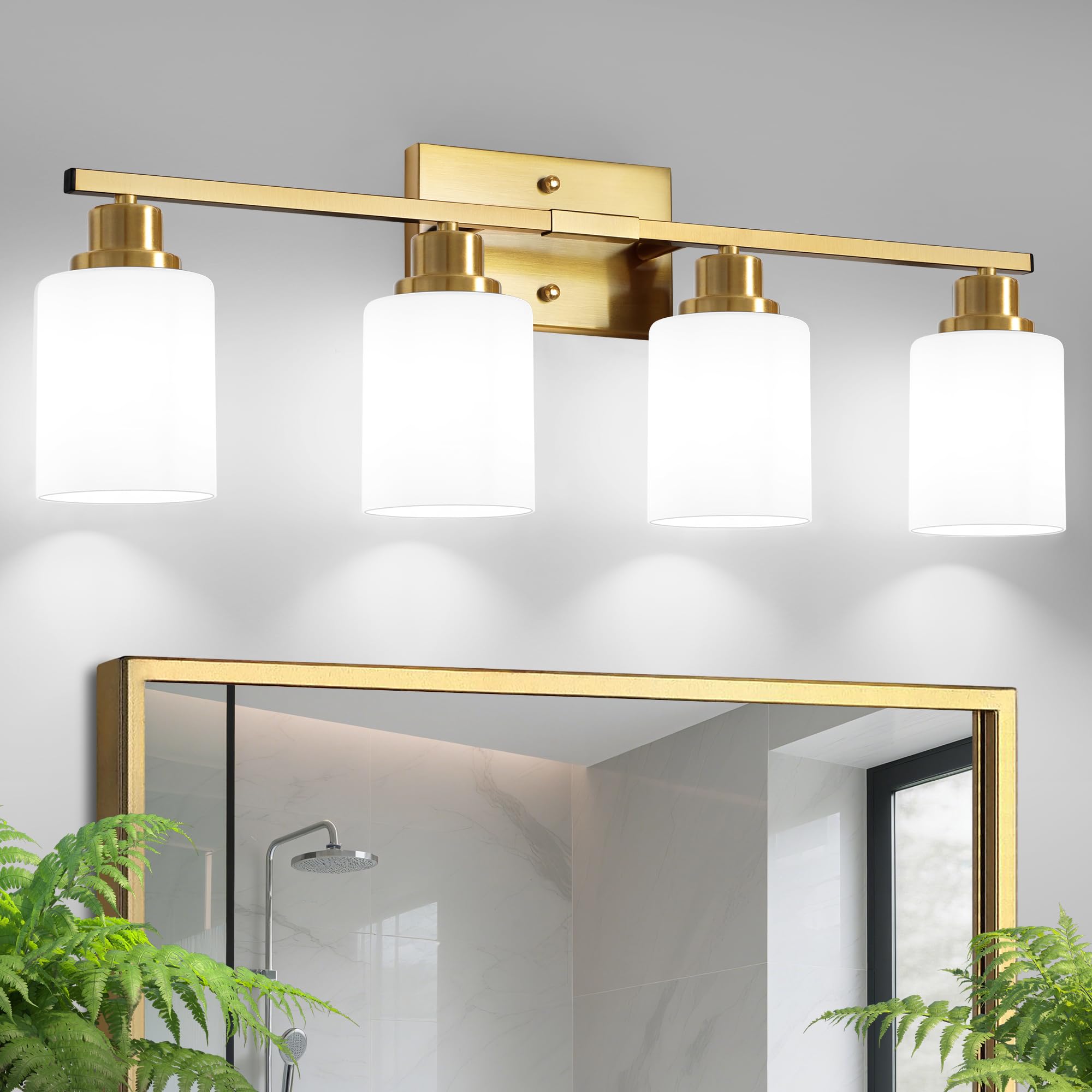Ascher Bathroom Light Fixtures  4-Light Vanity Light Over Mirror  Gold Wall Sconces with Milky White Frosted Glass Shades  Wall Lamp for Living Room Bedroom  E26 Base(Bulbs Not Included)