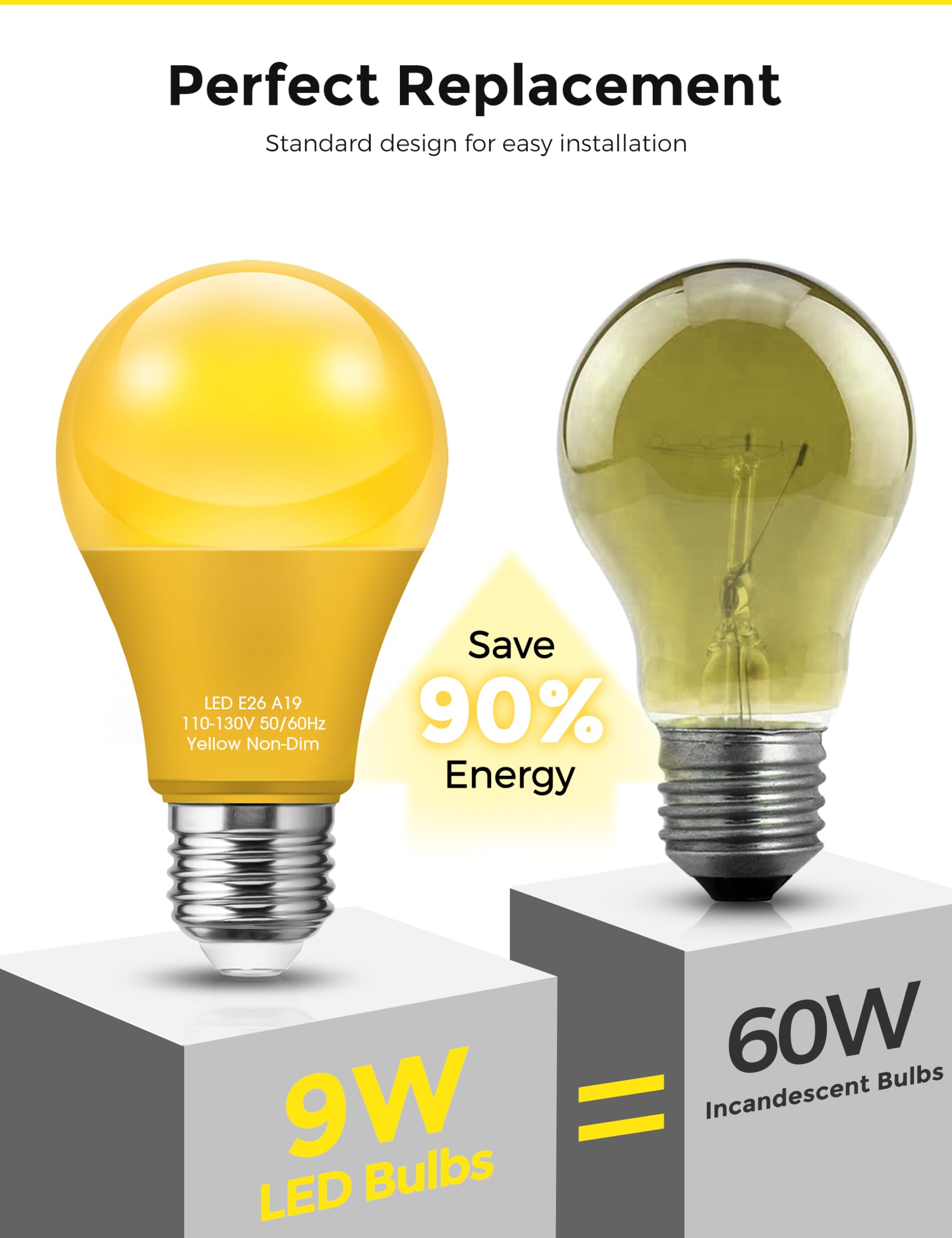 Doresshop Yellow Liight Bulbs, Bug Lights For Outside, A19 Bug Light Bulbs 9W (60 Watt Equivalent) Amber Porch Light Bulb, Non-A