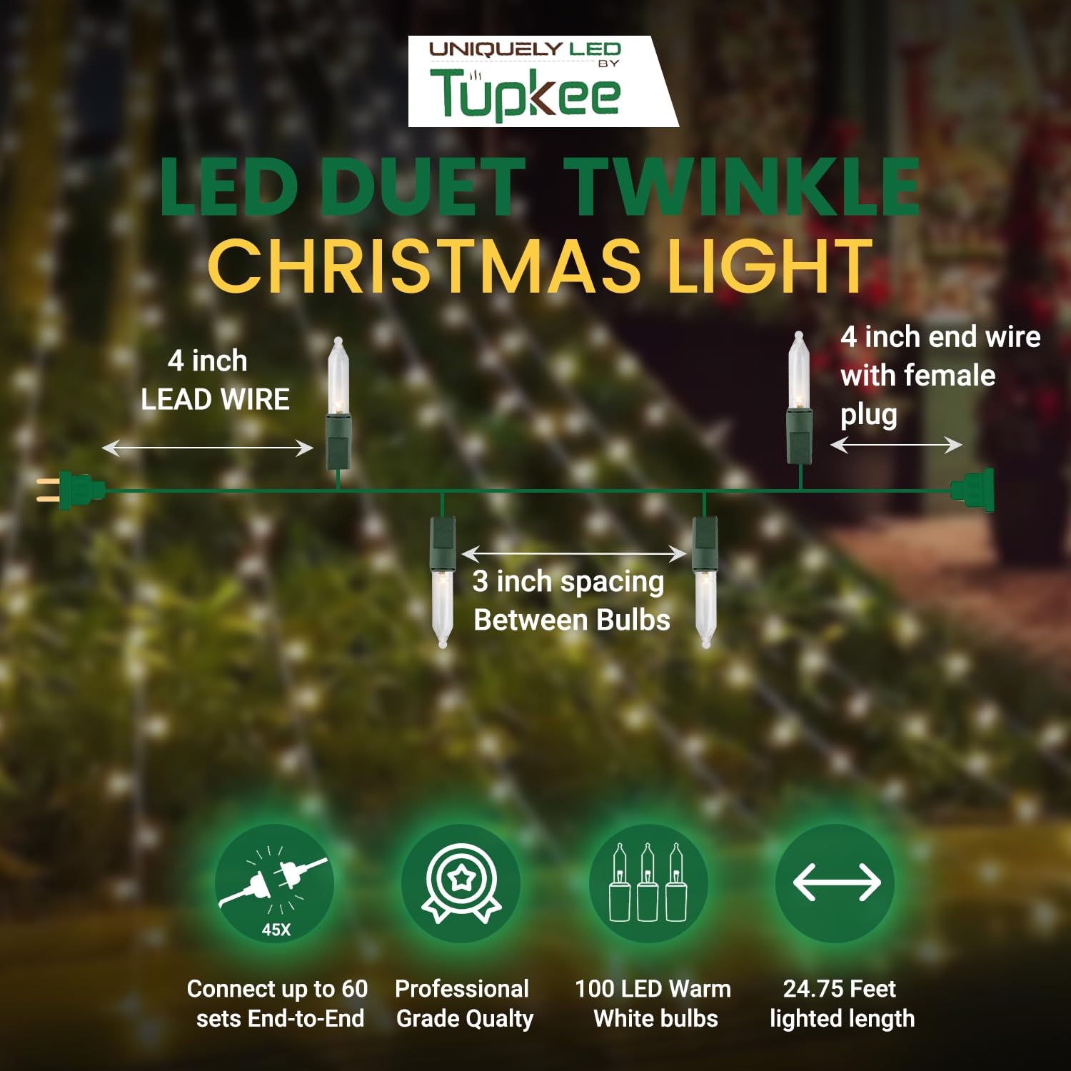 Christmas Uniquely LED Twinkle Lights - Matches Incandescent Exactly - 14 of 100 Lights Twinkle - Indoor Outdoor - 100 Warm Whit