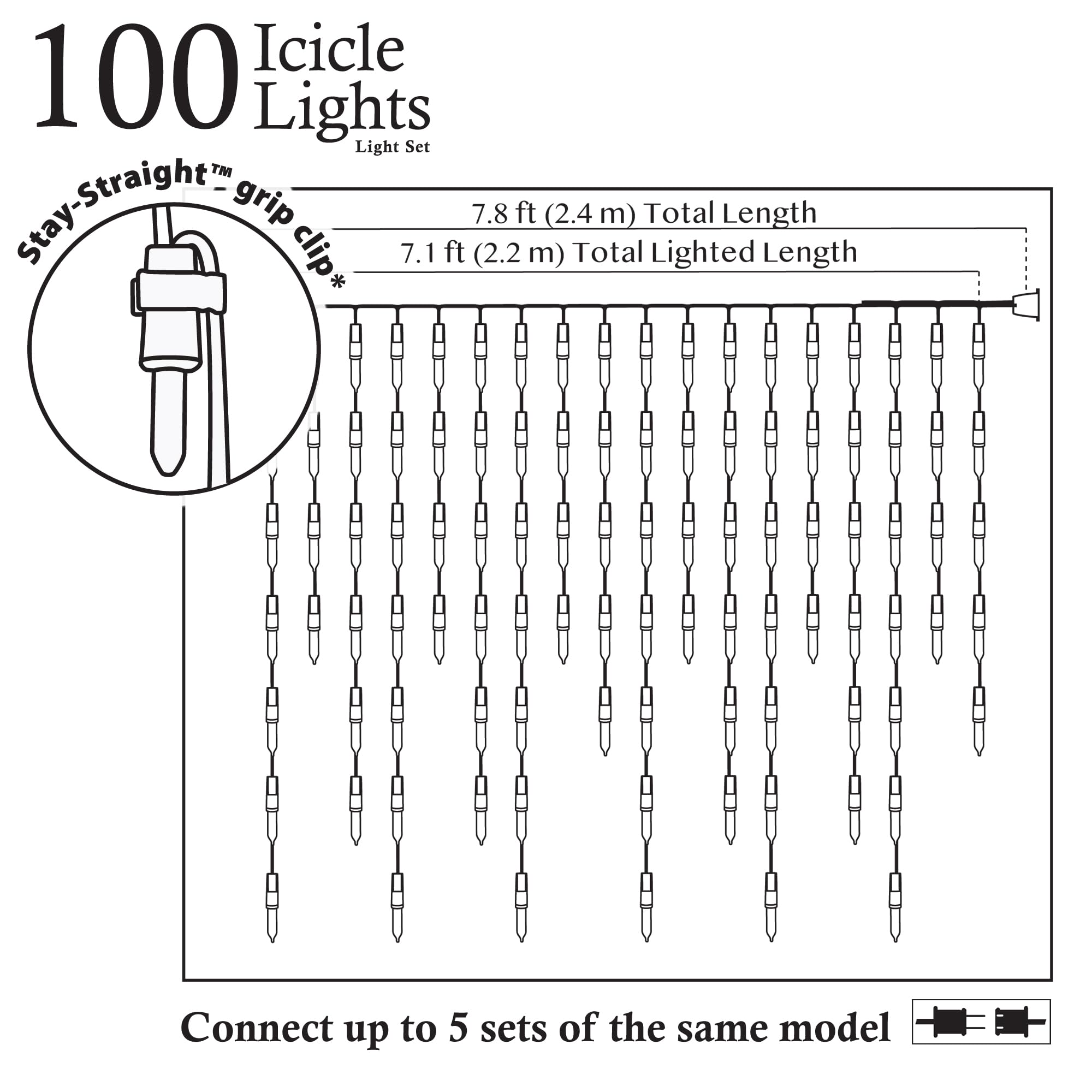 Brite Star Icicle Lights Set - 100 Count Clear Window Lights, White Wire, Model 36-701-00, Plastic Material