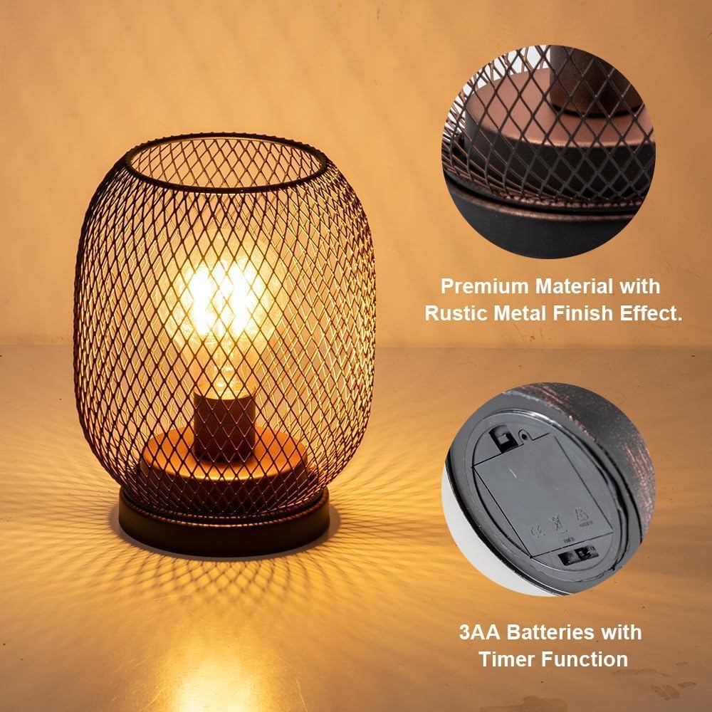 DECORKEY Battery Operated LED Table Lantern Set, Metal Cage, Oval Vintage, 2 Pack Egg Shape, Model DKTL-099