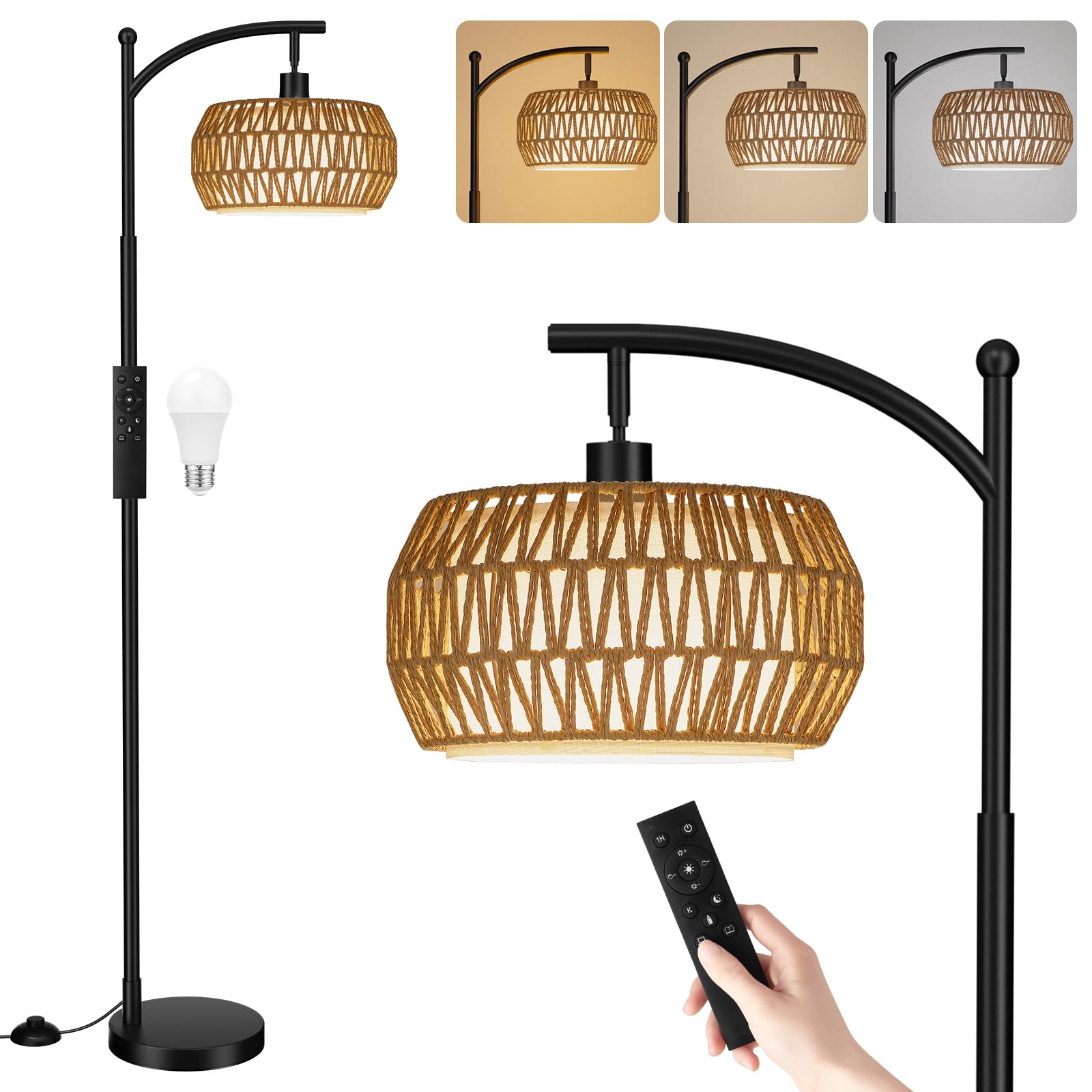 Ambimall Arc Floor Lamp for Living Room with Remote, Color Temperature & Brightness Adjustable, Bohemia Standing Lamp with Ratta