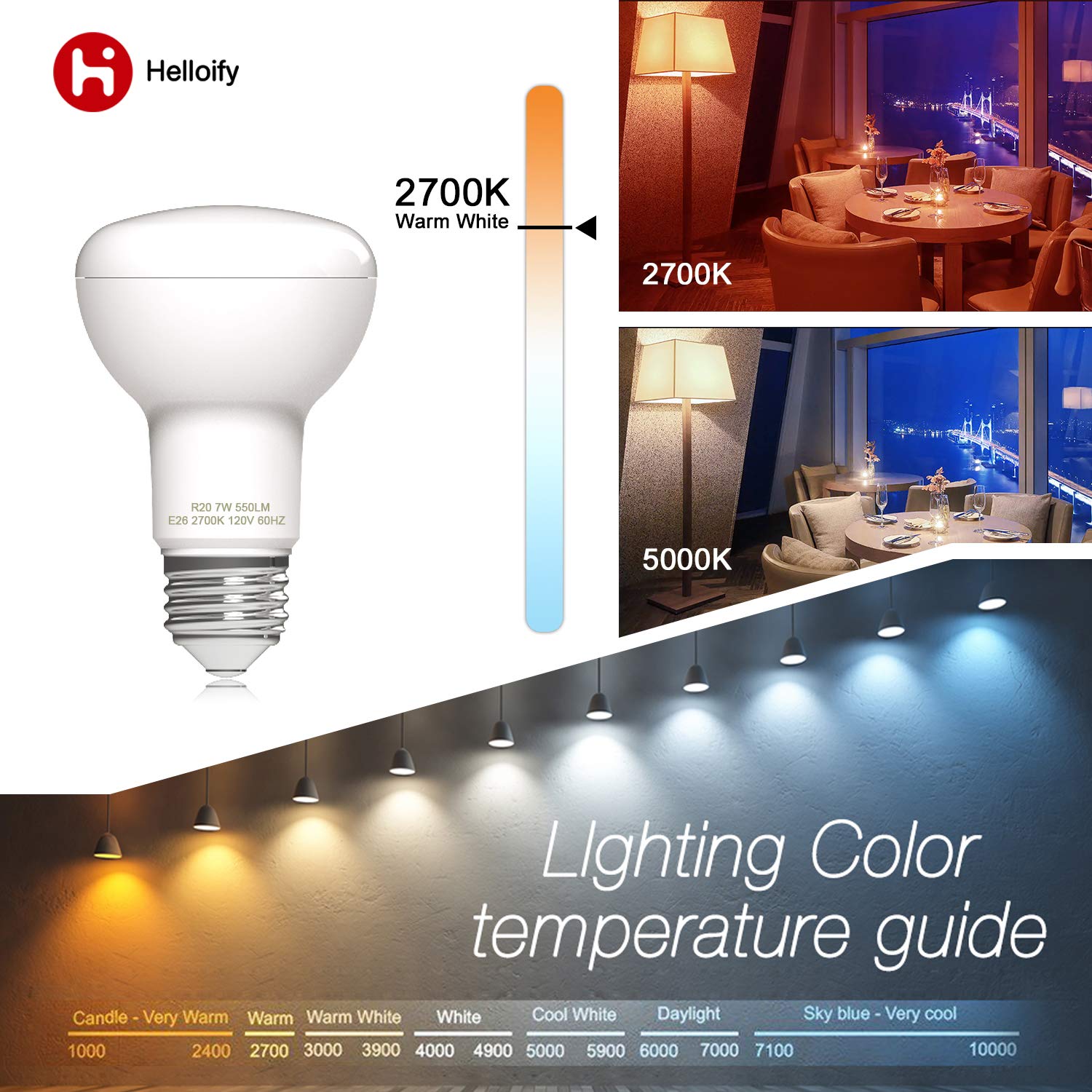 helloify Dimmable R20 LED Flood Light Bulb, 7W, 50W Equivalent, 2700K Soft White, E26 Base, 6 Count, Energy Saving