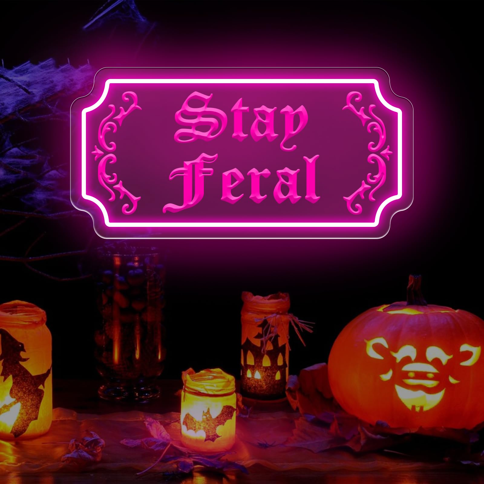 Stay Feral Neon Sign Gothic Decor Led Light Goth Lover Gift Halloween Decoration Bat Neon Sign Decor Ghost Spooky Wall Art  15.7X7.9  Pink