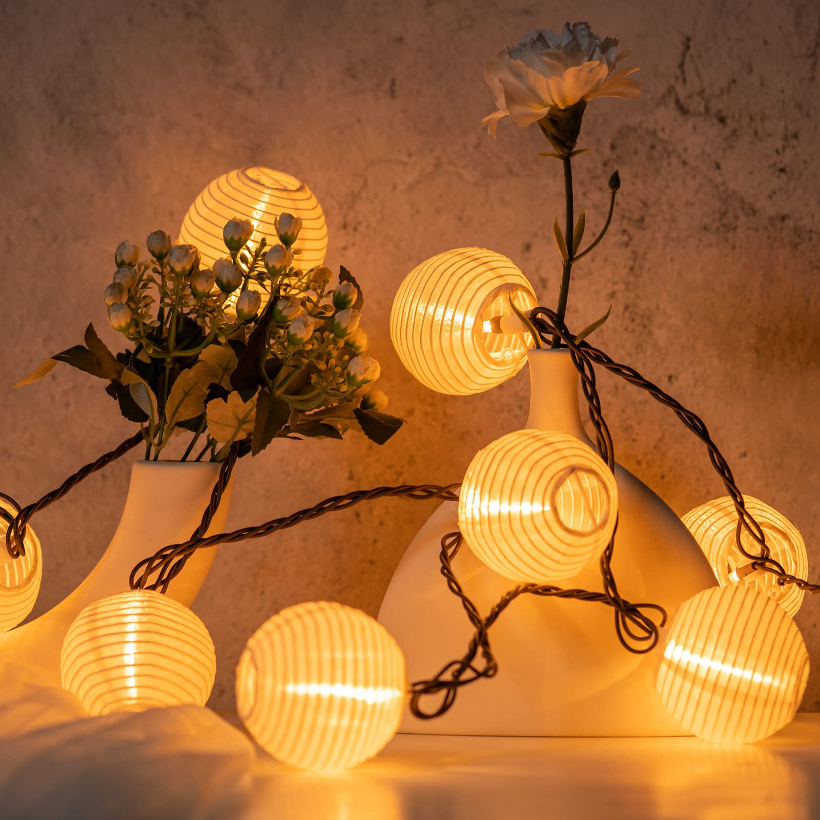 Sweet Shine White Lantern String Lights, 10 Waterproof Nylon Lanterns With 8.7' Ul Listed Plug-In Connectable String Lights (Whi