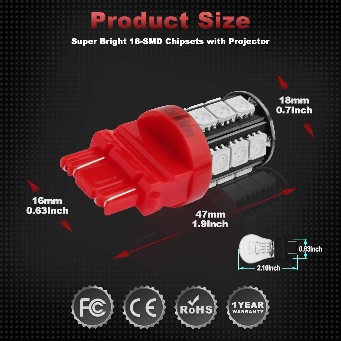Yorkim 3157 LED Light Bulbs Red, 10 Pack for Brake/Backup/Reverse Lights, Model YK2743