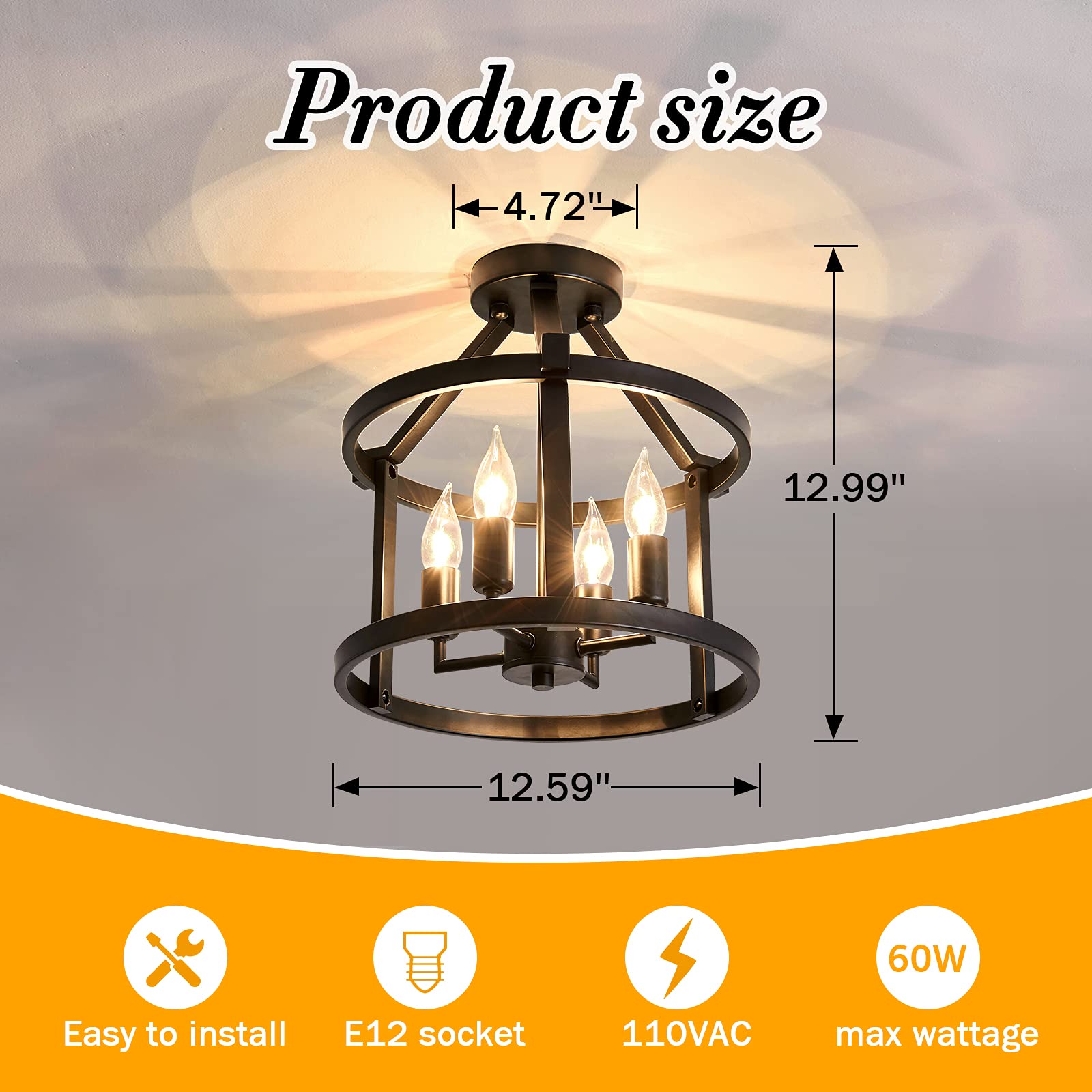 UOFUS Metal Semi Flush Mount Ceiling Light Fixture, 4 Candle Holder Chandelier, Black, Model Y48 for Dining Room, Bedroom, Kitchen