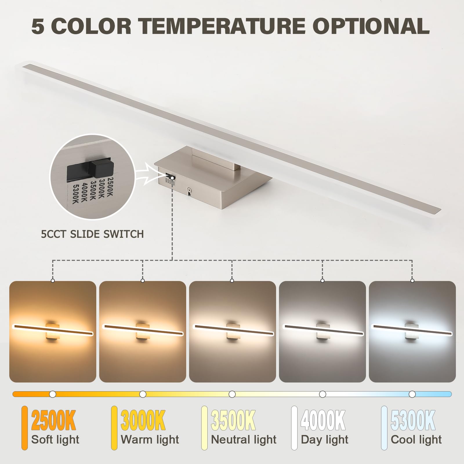JUSHENG Brushed Nickel 32'' Dimmable LED Vanity Light Bar, 5CCT Modern Bathroom Lighting Fixture, Model 9871
