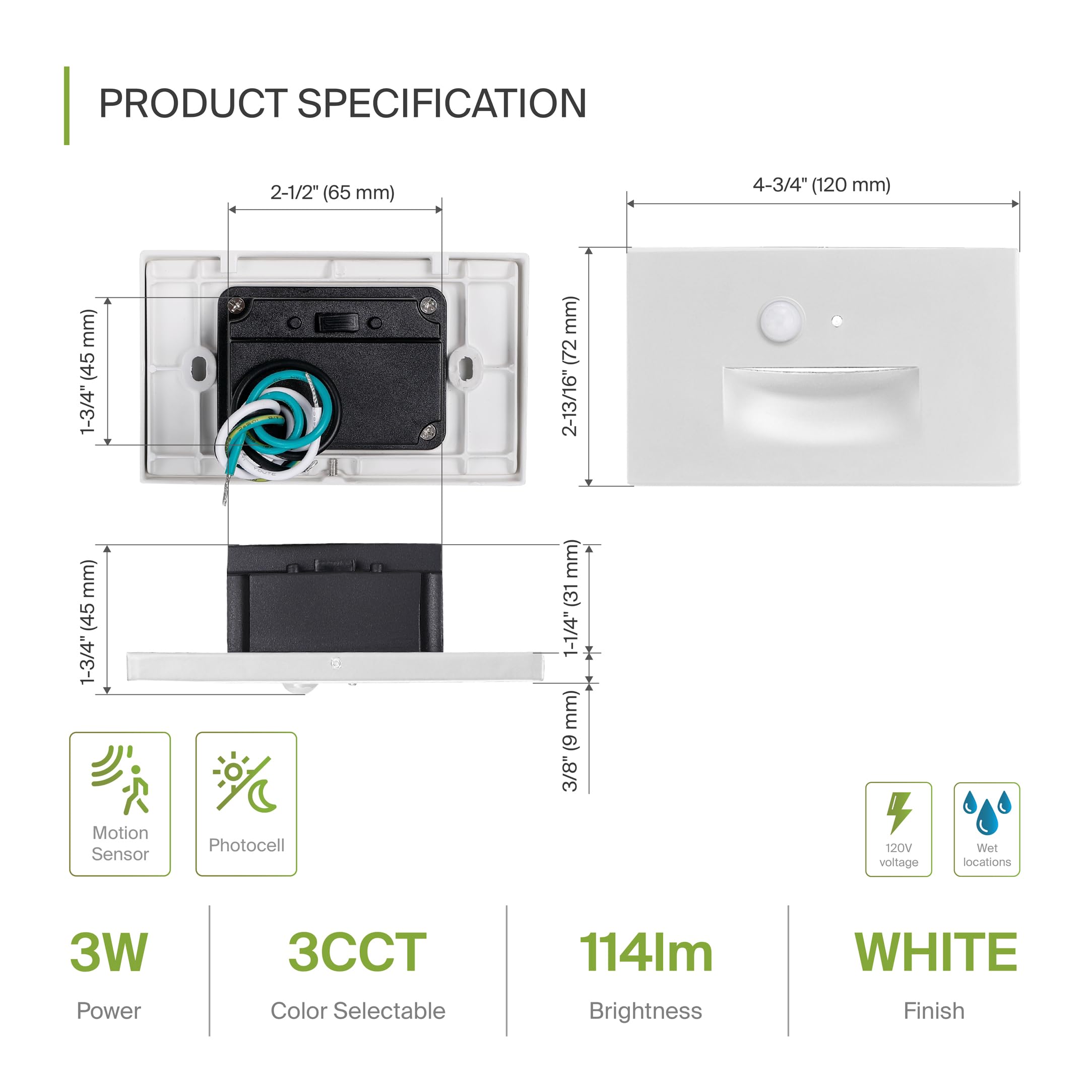 ASD LED Recessed Step Light Fixture, 3W 120LM, Photocell & Motion Sensor, Waterproof, White, 4.75 Inch, 12 Pack, Model A-ST