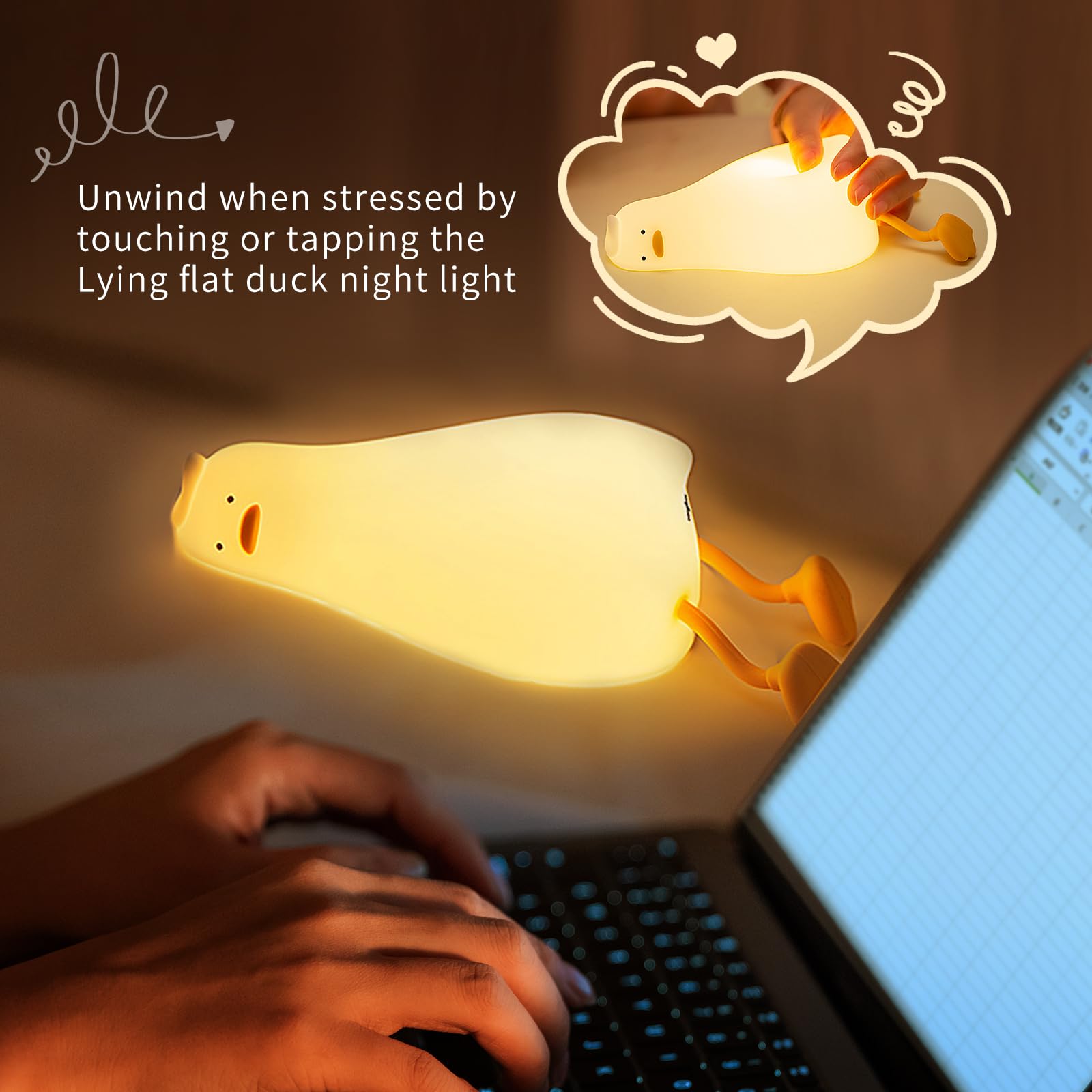 AVACOM Squishy Night Light, Rechargeable Touch Lamp, 3-Level Dimmable, Lying Flat Duck, Yellow, Model K-1096