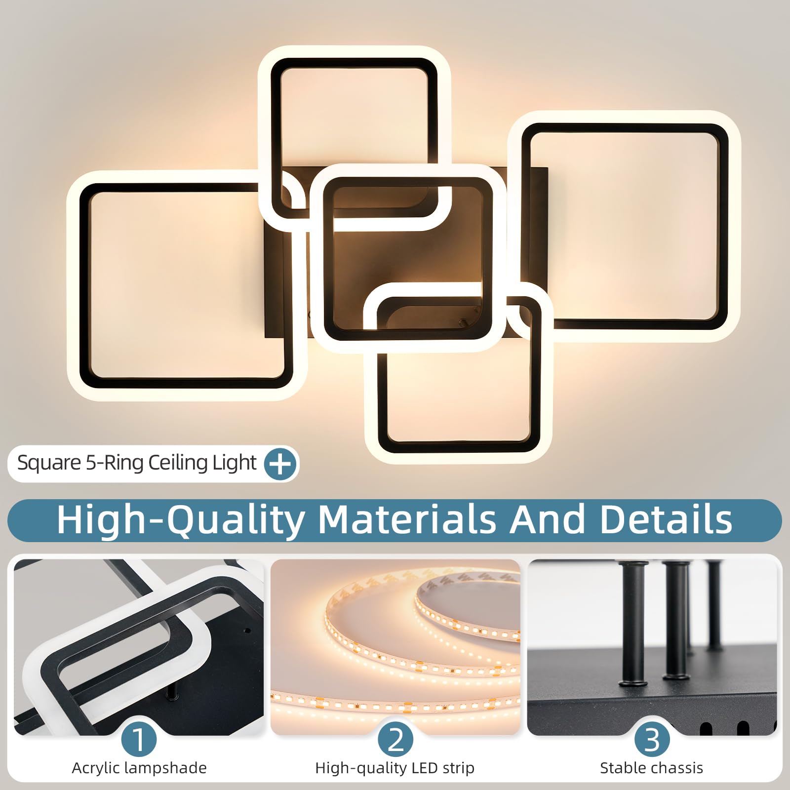 Seable Modern Led Ceiling Light 5-Square Dimmable Black Flush Mount Led Ceiling Light With Remote For Living Room