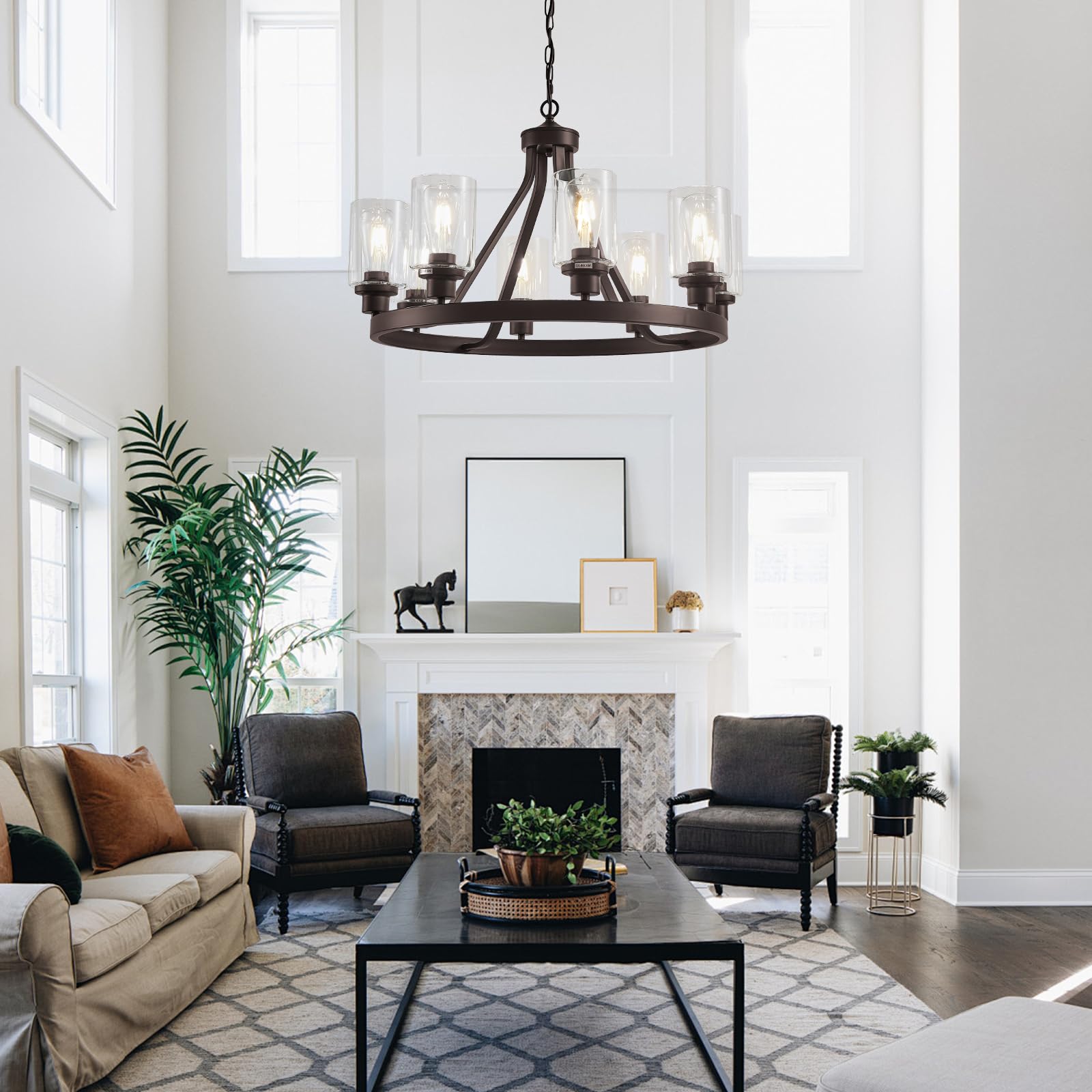 Lanhall 8-Light Chandelier, Oil-Rubbed Bronze Metal, Adjustable Height, Model 1066, Glass Globes, Rustic Ceiling Pendant Light