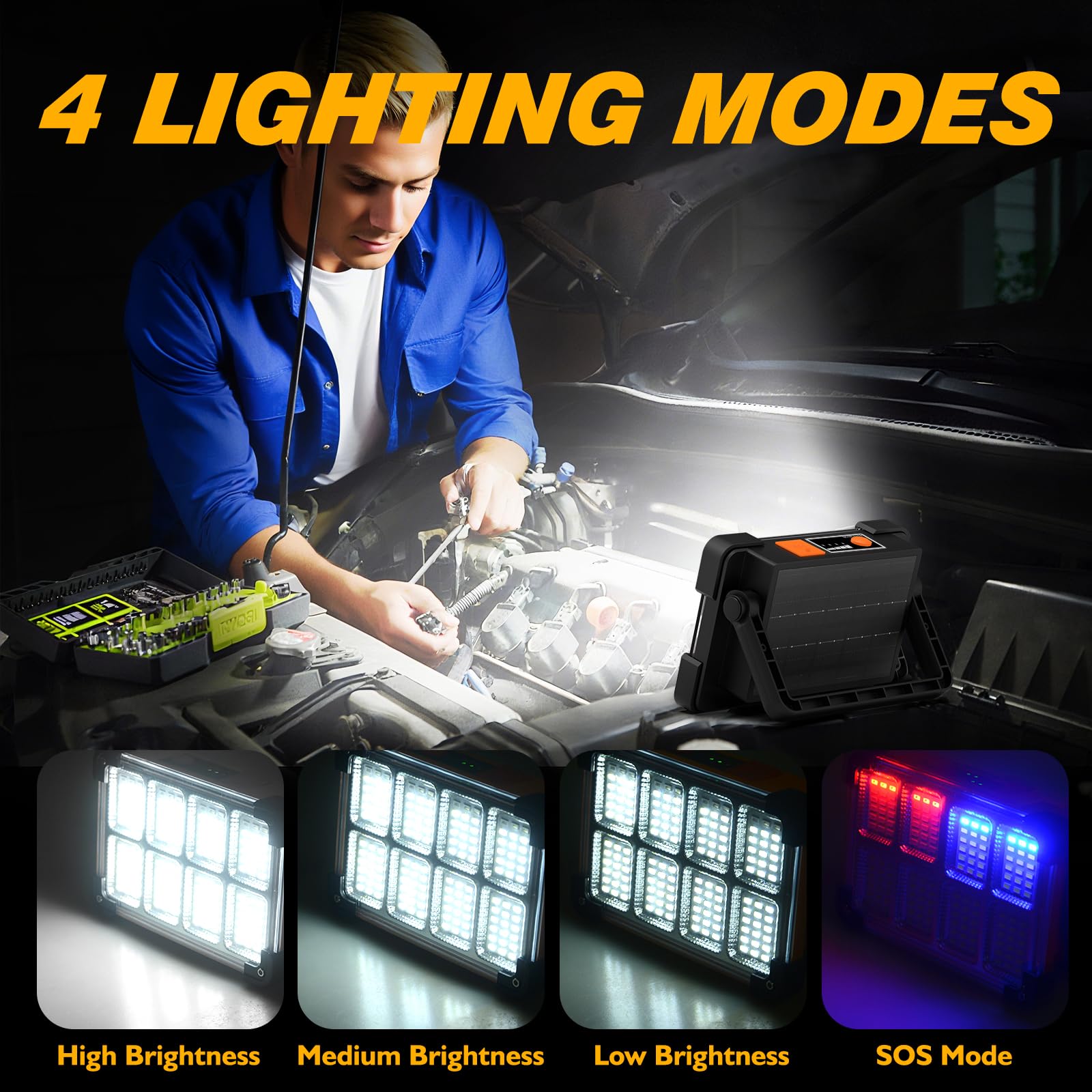DANCINGBOAR 120W Solar Work Light, 144 LED 10000LM, 4 Modes, IP66 Waterproof, Portable Flood Light, Black, Model U8CUP