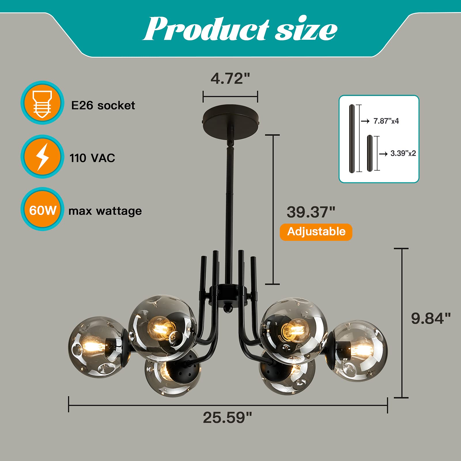 Hesoge 6-Light Glass Globe Sputnik Chandelier, Modern Metal Ceiling Light Fixture, Black, Semi Flush Mount, Ideal for Living Room, Dining Room, Kitchen.
