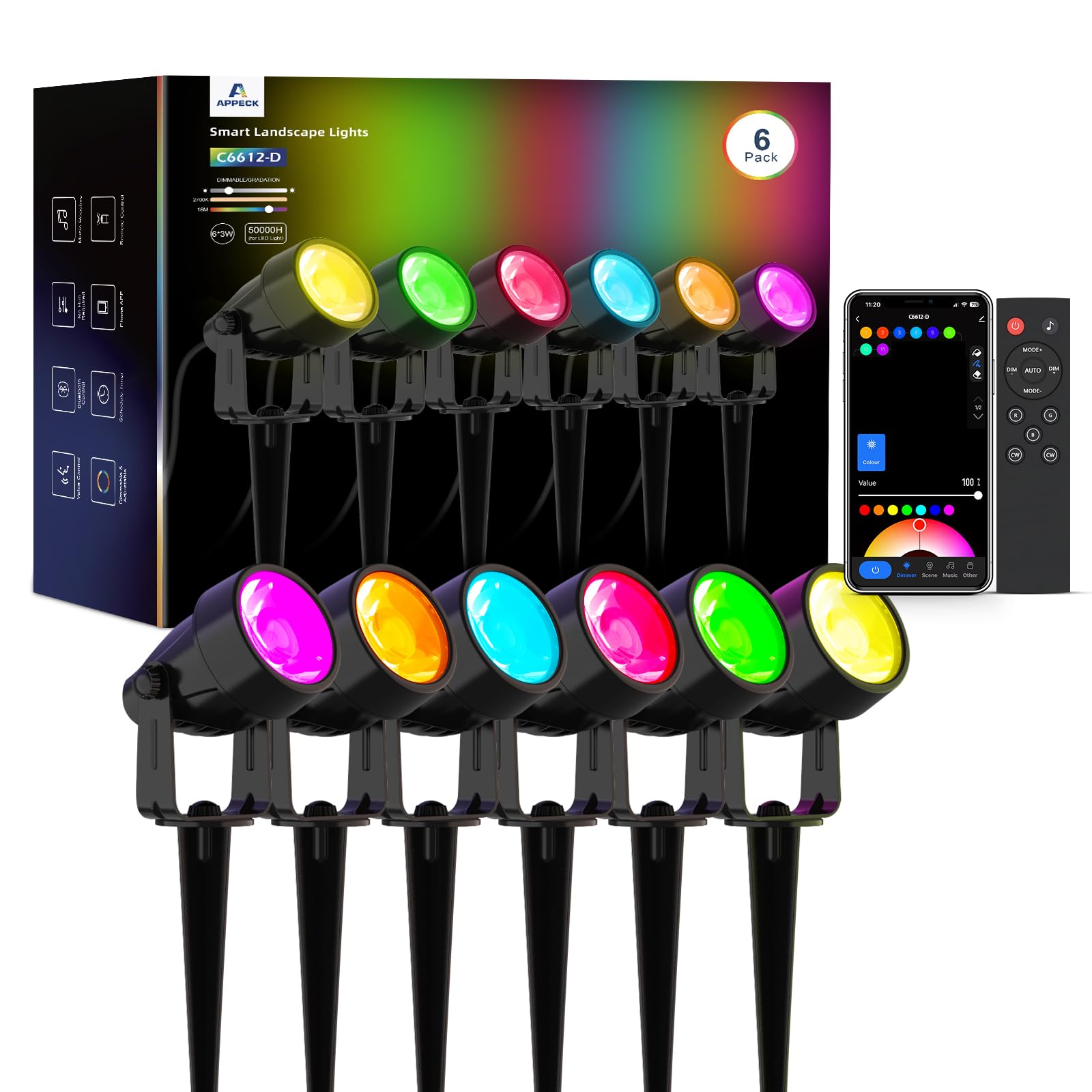 APPECK RGBW Low Voltage Landscape Spot Lights, IP65 Waterproof, 6 Pack, Black, Model C6612-D