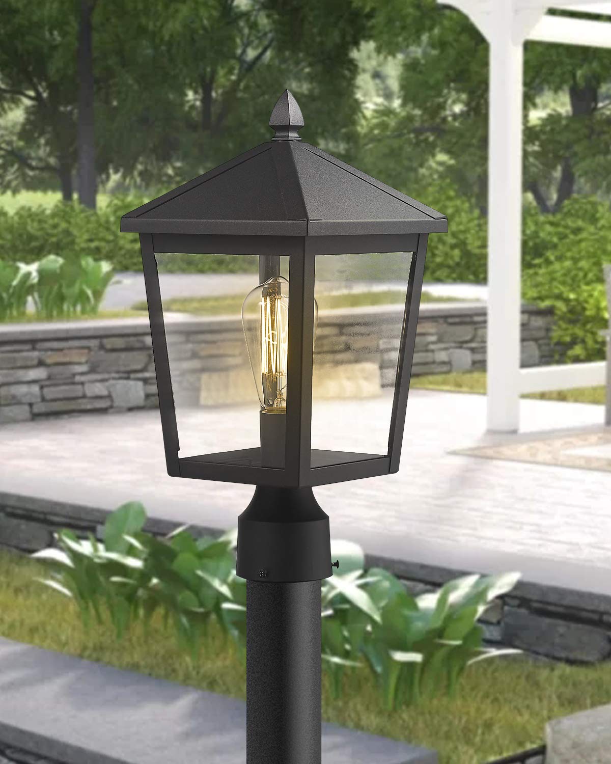 zeyu Outdoor Post Light - 16 Inch Black Metal Lantern with Clear Glass Shade, Large - 1 Pack, Model 20076P