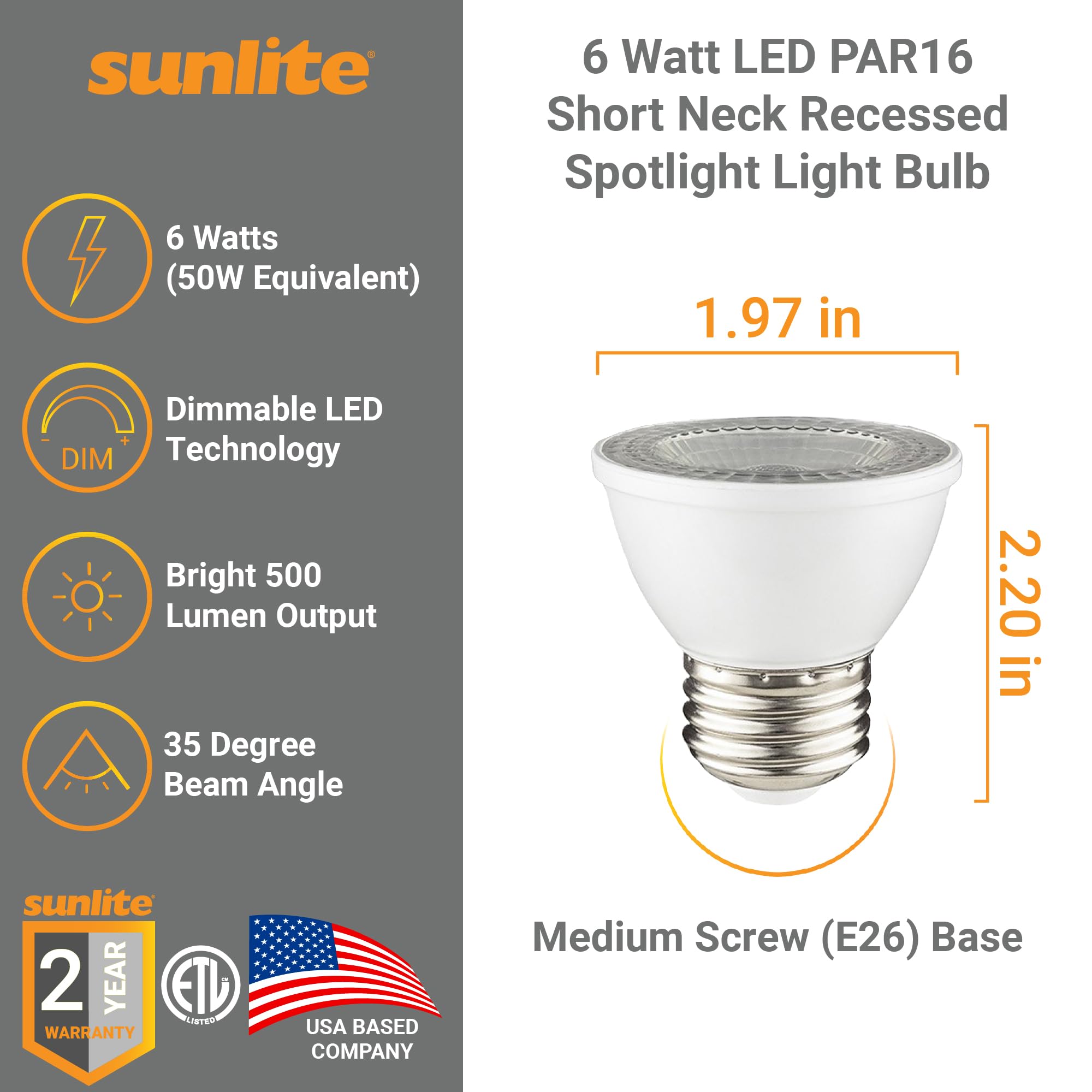 Sunlite LED PAR16 Dimmable Spotlight Bulb, 6W (50W Halogen Replacement), 500 Lumens, 4000K Cool White, 90 CRI, E26