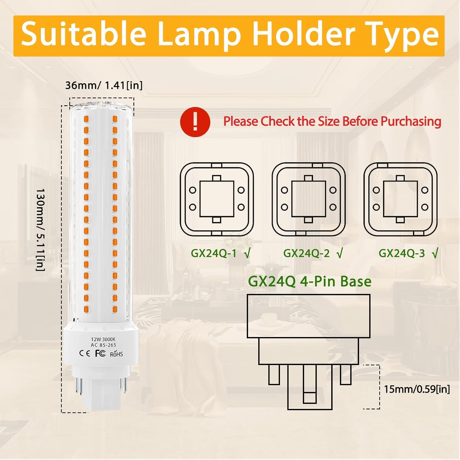 Lustaled Gx24 4-Pin Base Led Bulb, 12W G24Q Pl-C Horizontal Recessed Light 26W Cfl Lamp Equivalent For Kitchen Light Pendant Lamp Dining Room, Warm White 3000K, 4-Pack (Remove/Bypass The Ballast)