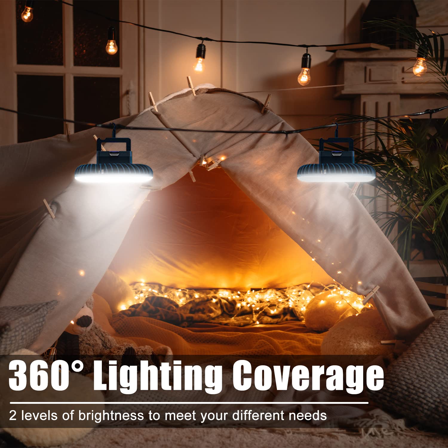 XTAUTO Portable Camping Fan with LED Lantern, USB Rechargeable, Waterproof, Model XT00557x2, White, 2-Pack