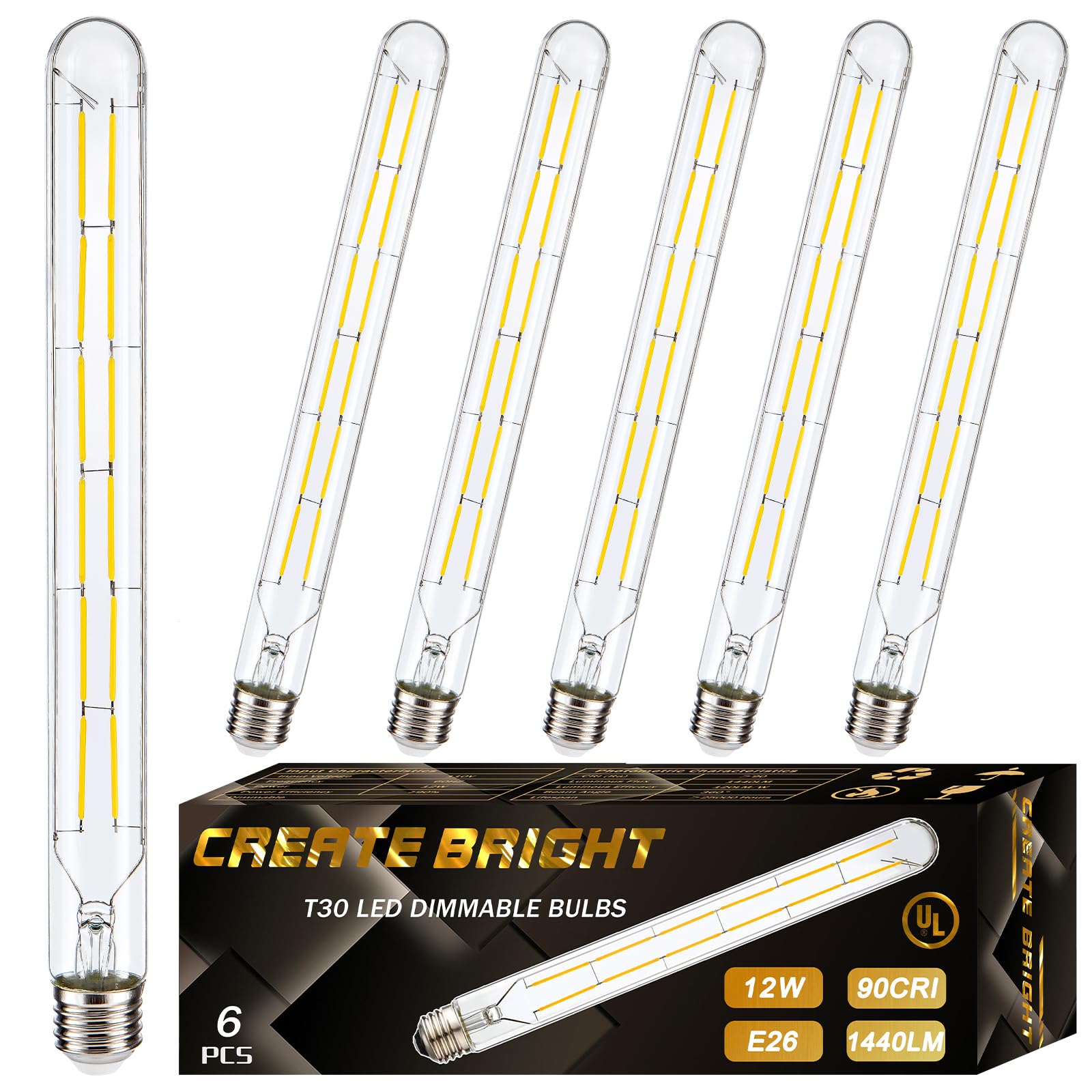 Create Bright T30 Dimmable Tubular Led Bulbs Vintage Edison 4000K Long Bulbs 12W Led Filament Bulbs,E26 Base,11.86 In,6 Pack