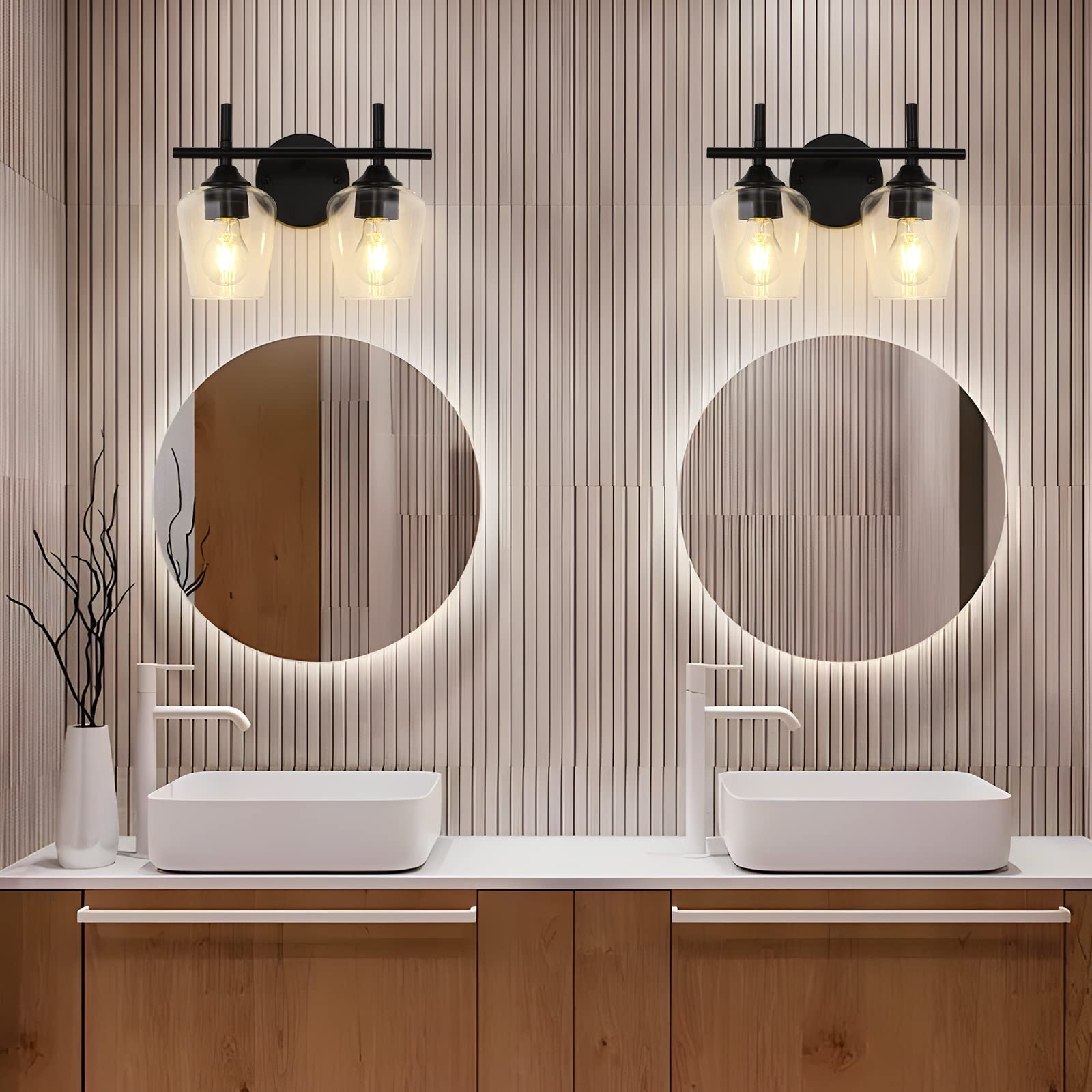 foucasal 2-Light Bathroom Vanity Light Fixtures, Black Industrial Wall Lights with Clear Glass Shade, Model ULB0046H-2HEI