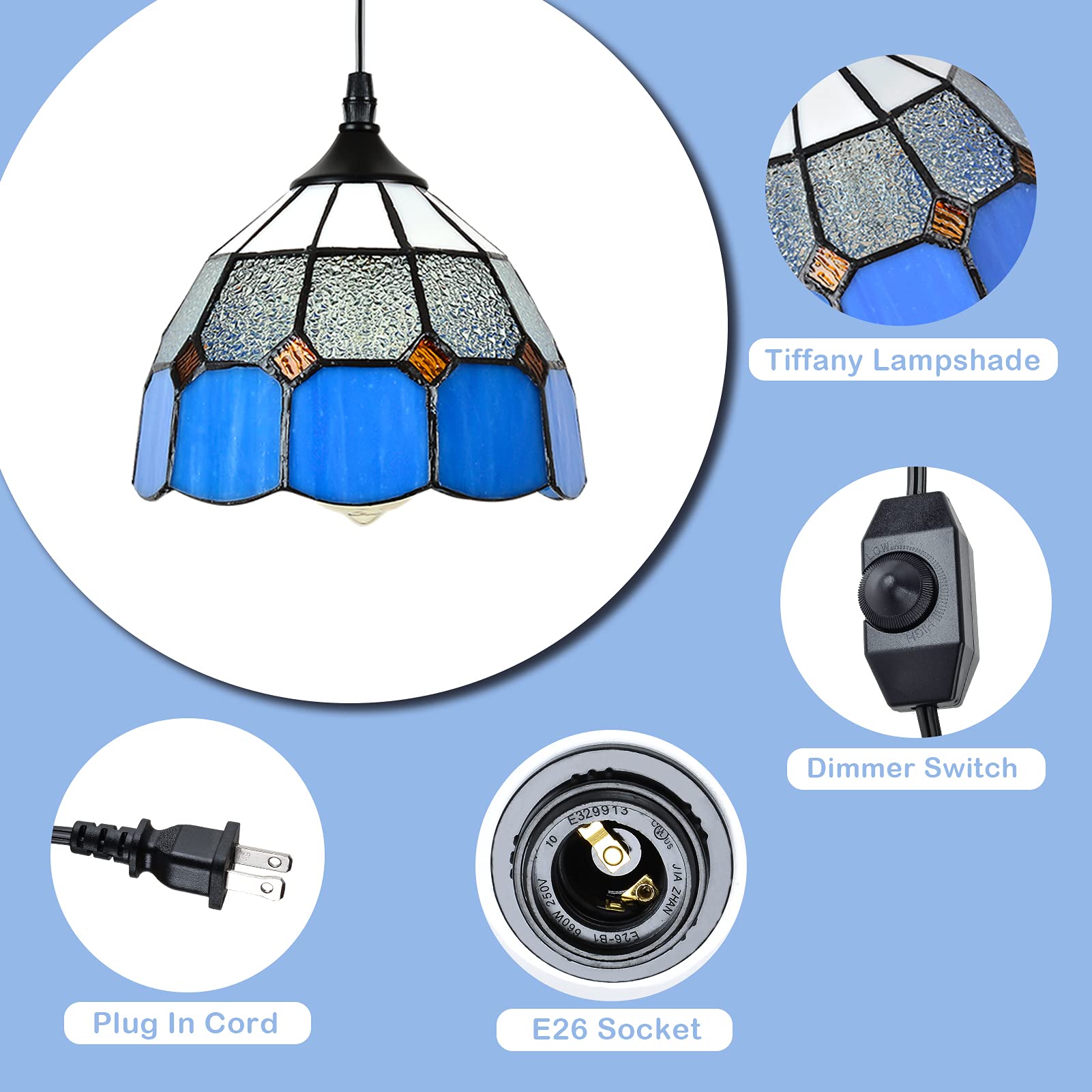 Stepeak Tiffany Style Mini Chandelier Pendant Light, 7.9in Width, Glass, Blue, Model 002, 16.4 Ft Cord, In-Line Dimmer Switch