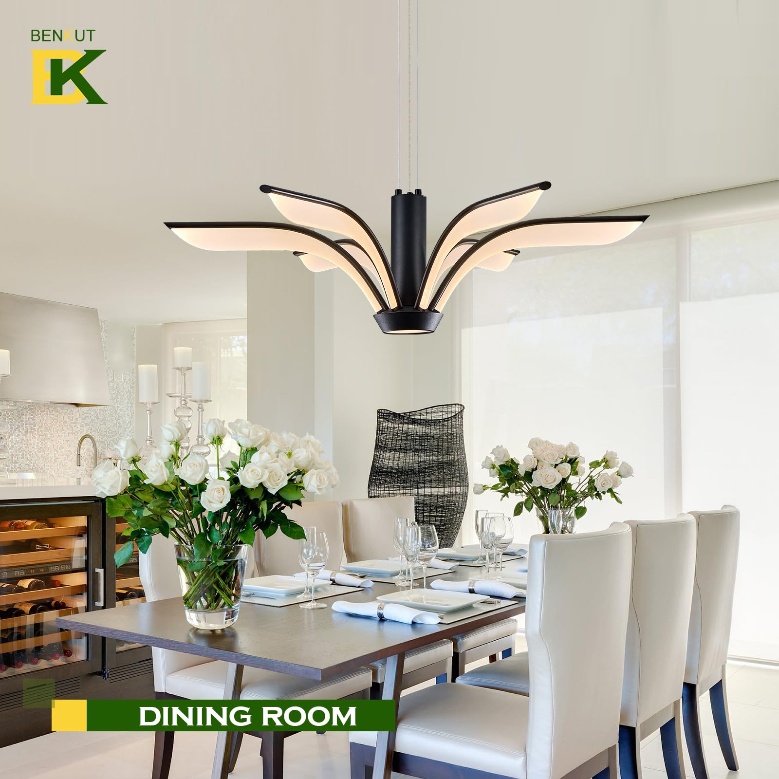 Benkut Black LED Chandelier Dimmable Modern Pendant Light Fixture 35 Remote Control 60W 3000K-6500K for Dining Room, Living Room