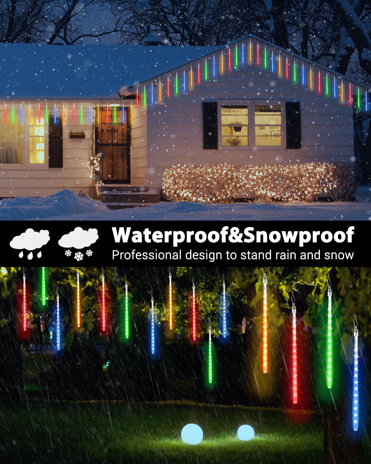 Flacchi 20 Tubes Meteor Shower Icicle Lights, 480 Led Multi-Colored Raindrop Lights With Timer For Holiday Party & Christmas Decor