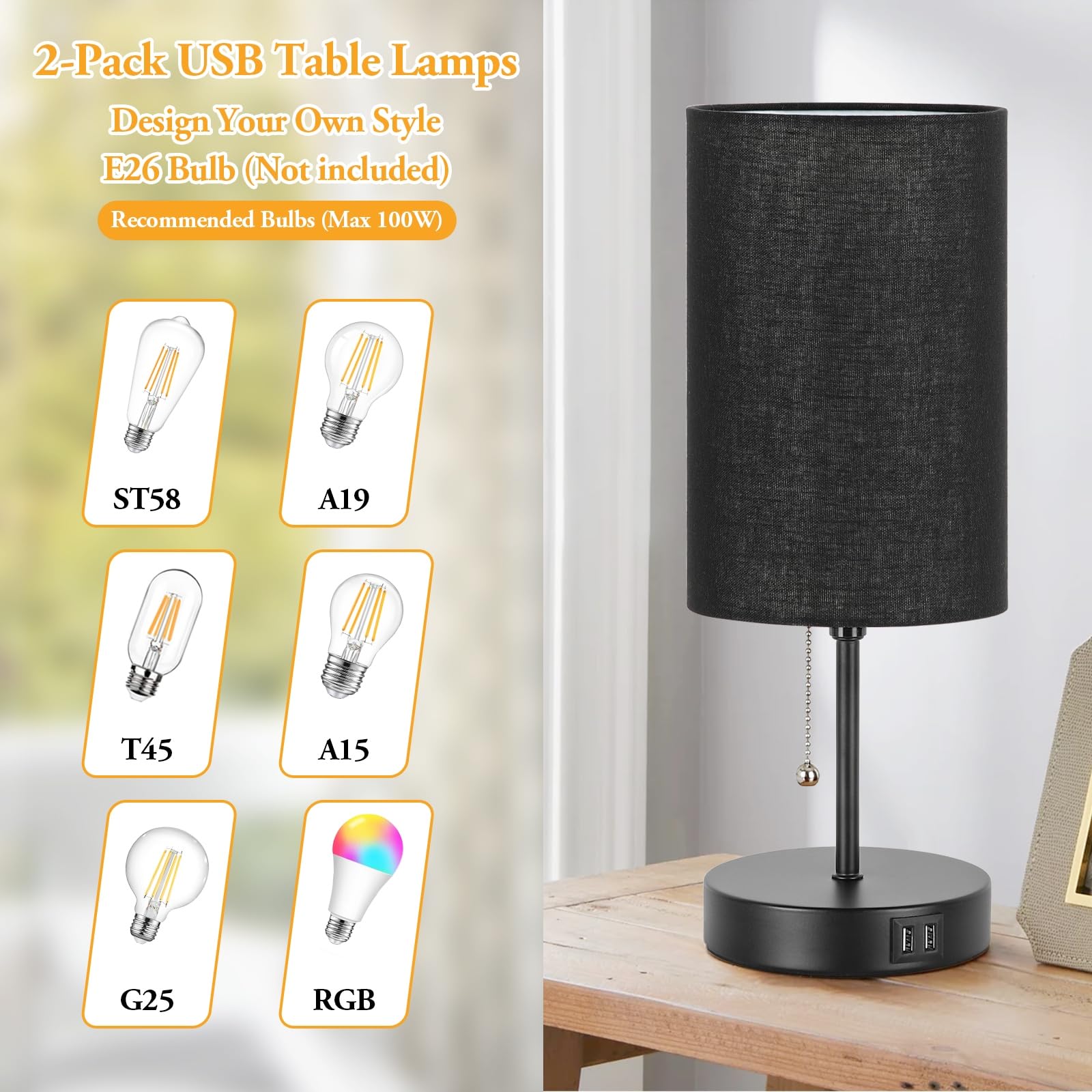 Set Of 2 Table Lamps With 2 Usb Ports, Bedside Lamps For Bedrooms, Modern Nightstand Lamps With Pull Chain, Minimalist Desk Lamp
