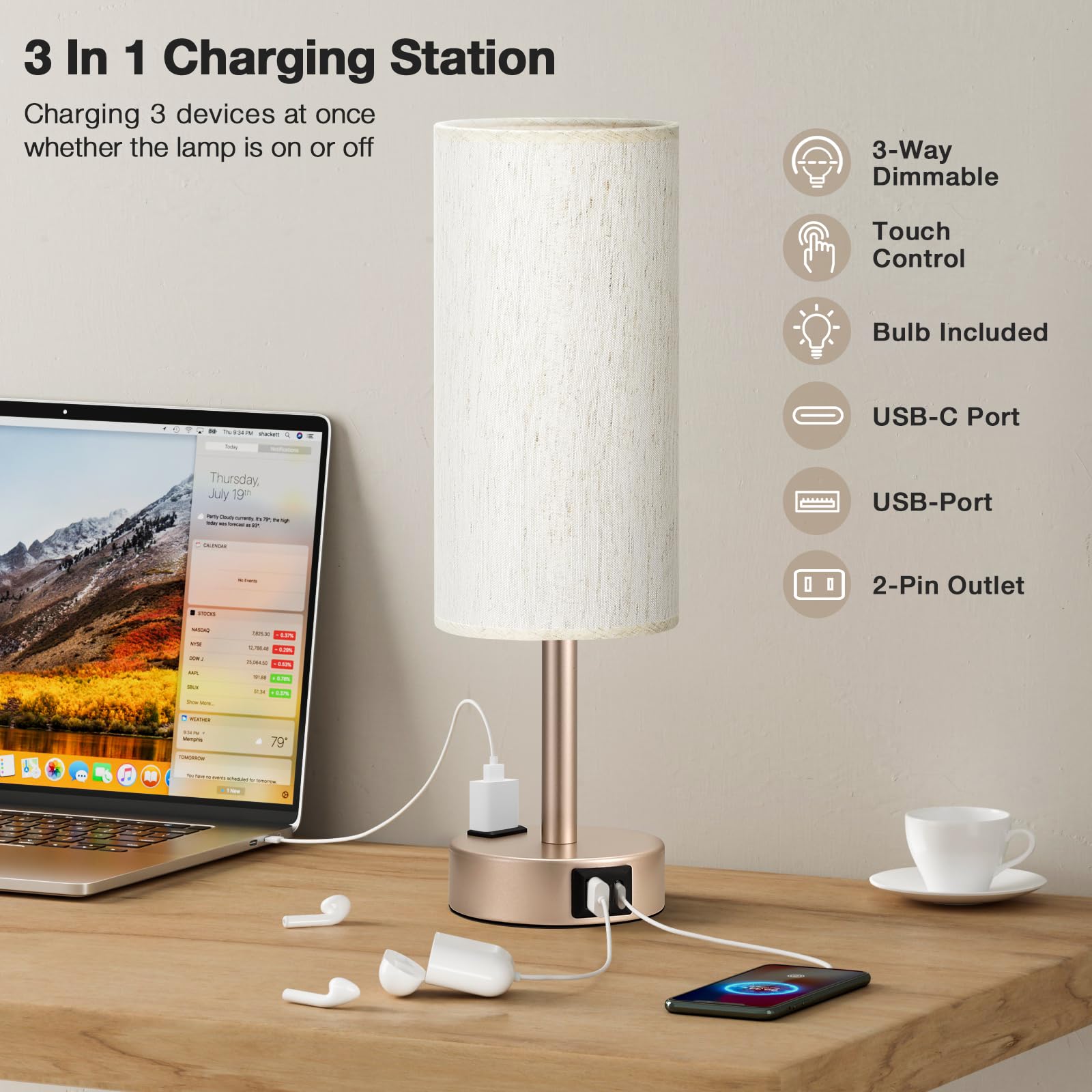 Fenmzee 3-Way Dimmable Touch Bedside Table Lamp - 14" Cream Shade, USB C Charging Ports, AC Outlet, Model 12-25