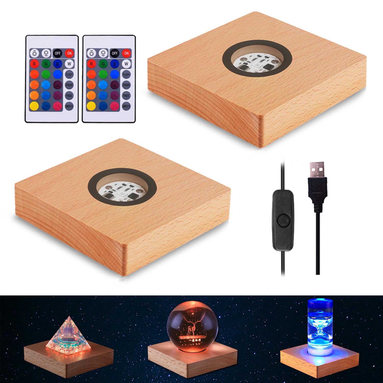 Myouke 4 Inch Square Led Light Base Display Base Lighted Display Stand,16 Colored Usb Light Table Light Base Wood Crystal Light 