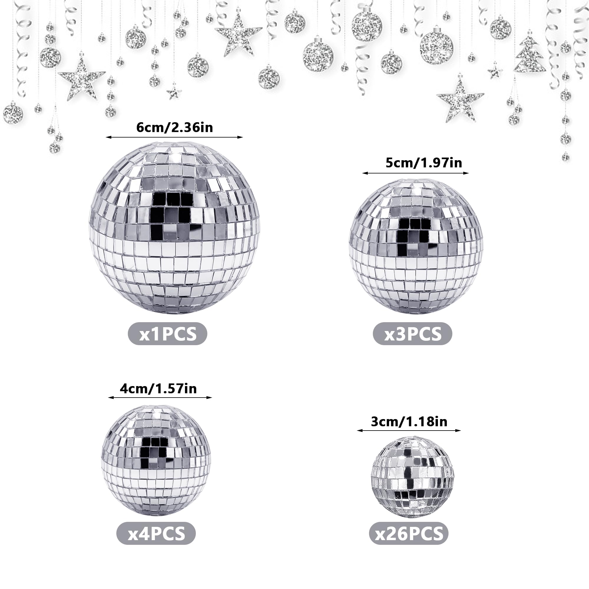 34 PCS Disco Ball Cake Decoration Ornaments Reflective Mirror Ball Cake Decoration 70s Disco Themed Party Decoration for Christm