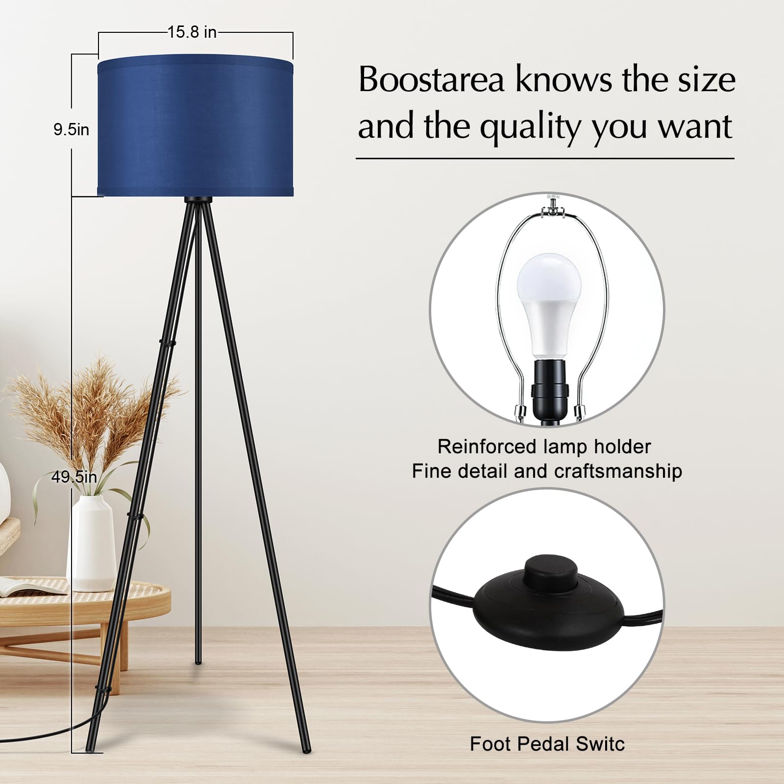 Boostarea Floor Lamp For Living Room, Tripod Floor Lamp, Blue Linen Lamp Shade, Blub Not Included, Mid Century Standing Lamp For