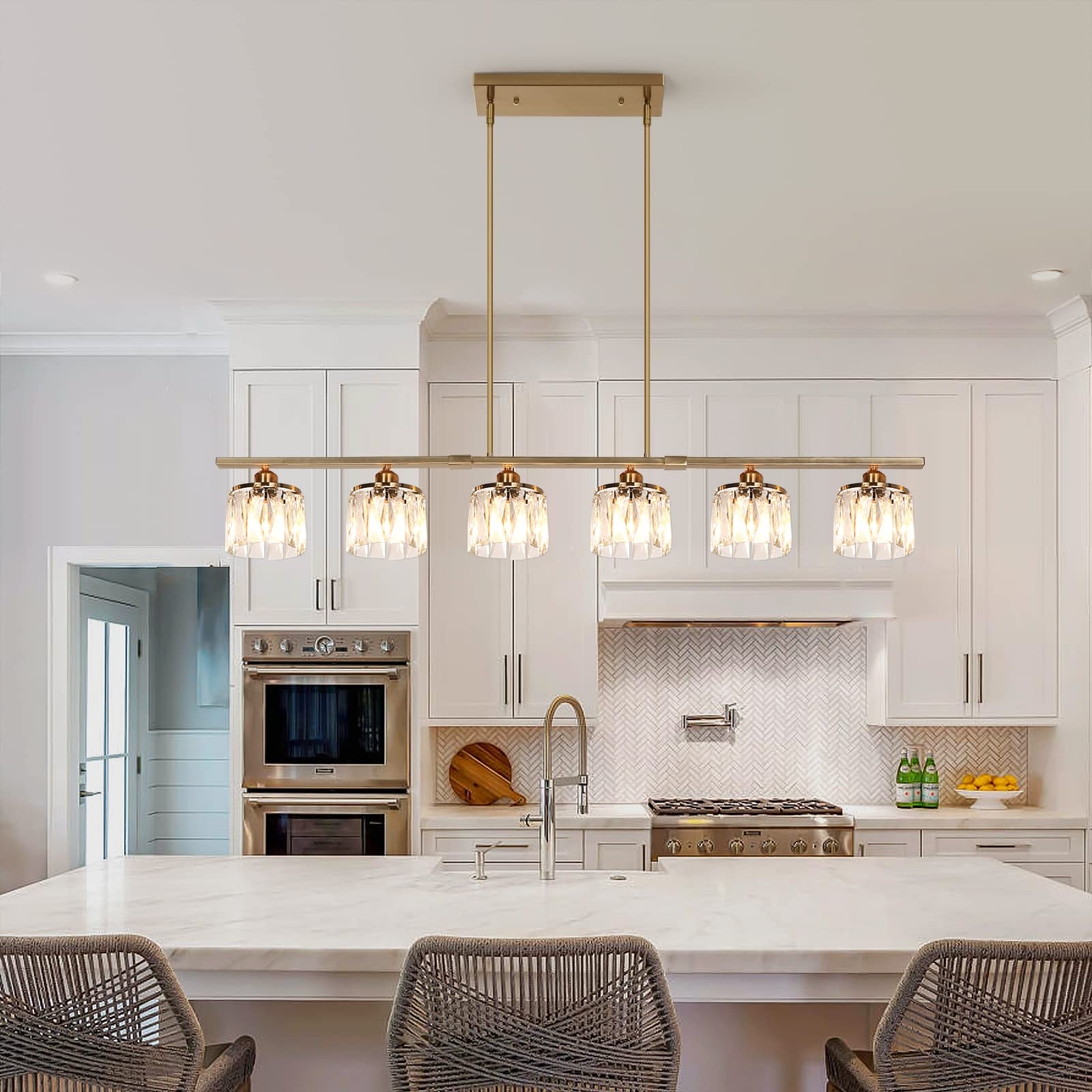Ganeed Island Light For Kitchen,6 Lights Dining Room Light Fixture,Brass Adjustable Modern Chandelier Linear Ceiling Pendant Lig