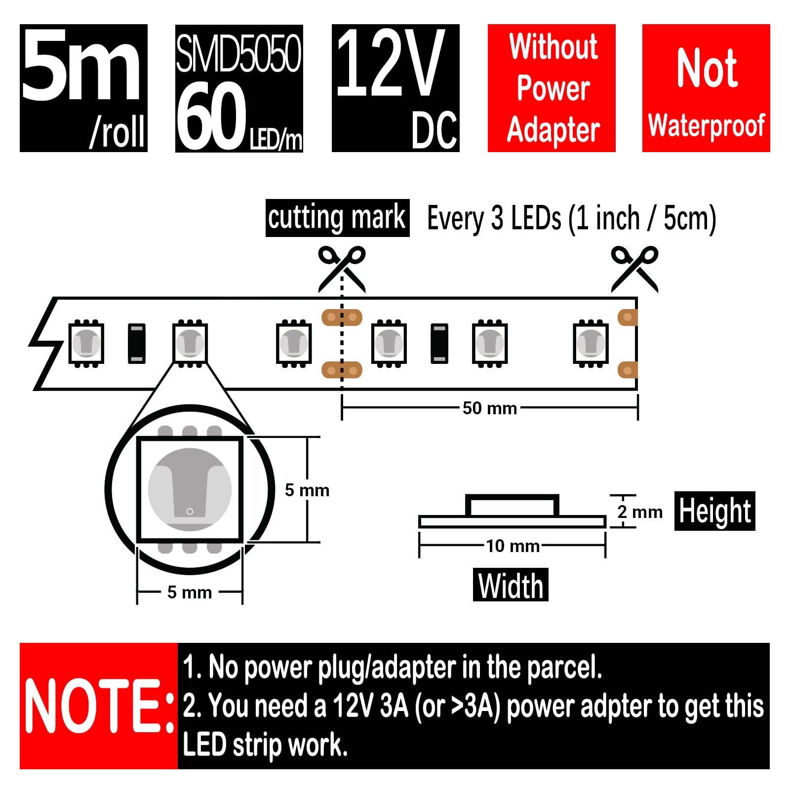 Hauty White Led Strip Light, Non-Waterproof 16Ft/5M Smd 5050 60Leds/M Total 300 Leds Dc 12V Flexible Cuttable Led Tape (No 12V P