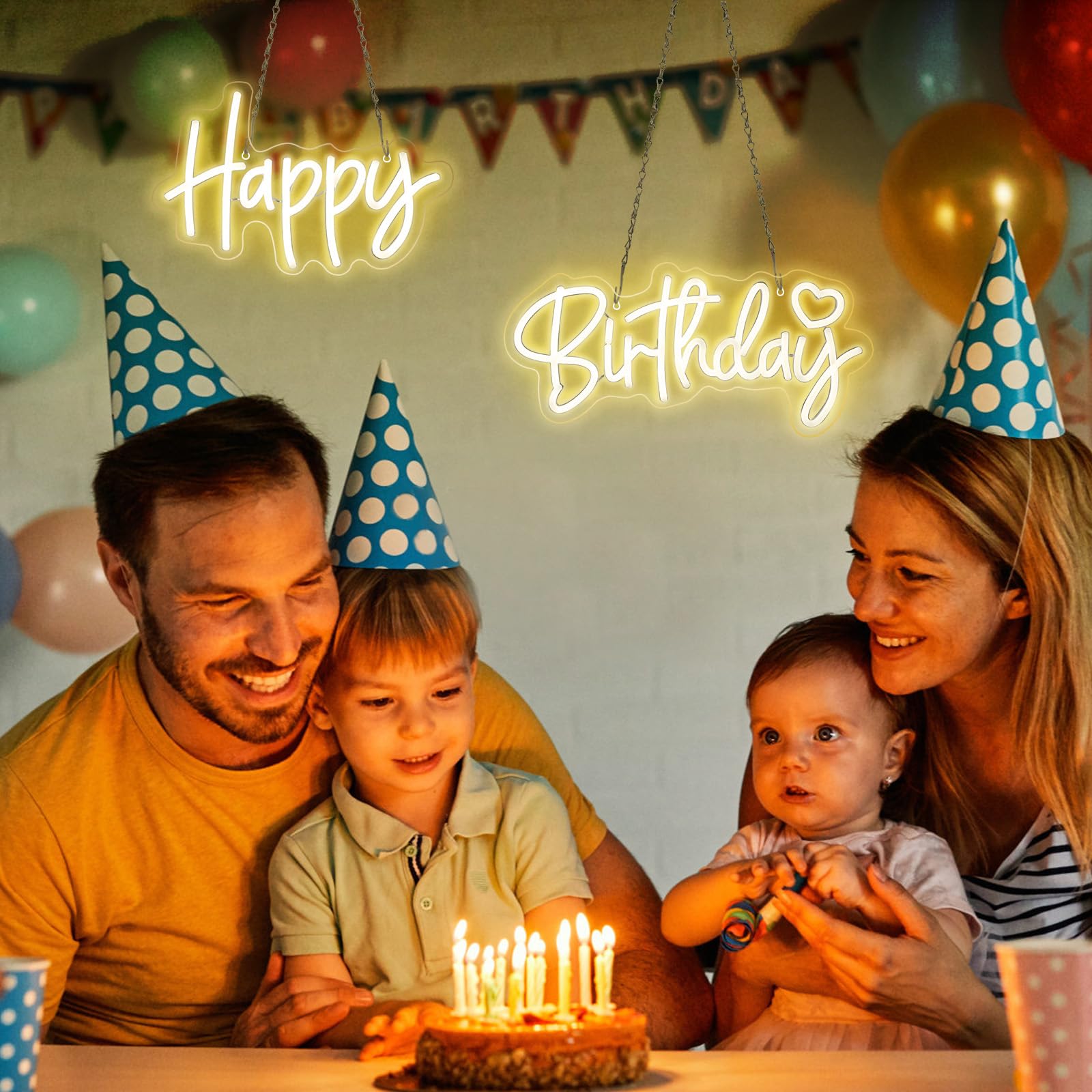 SERBASIC LED Neon Sign Set, Dimmable Warm White Birthday Light, 27.5in x 6in, Transparent Acrylic Panel, Wall Decor for Home & Parties
