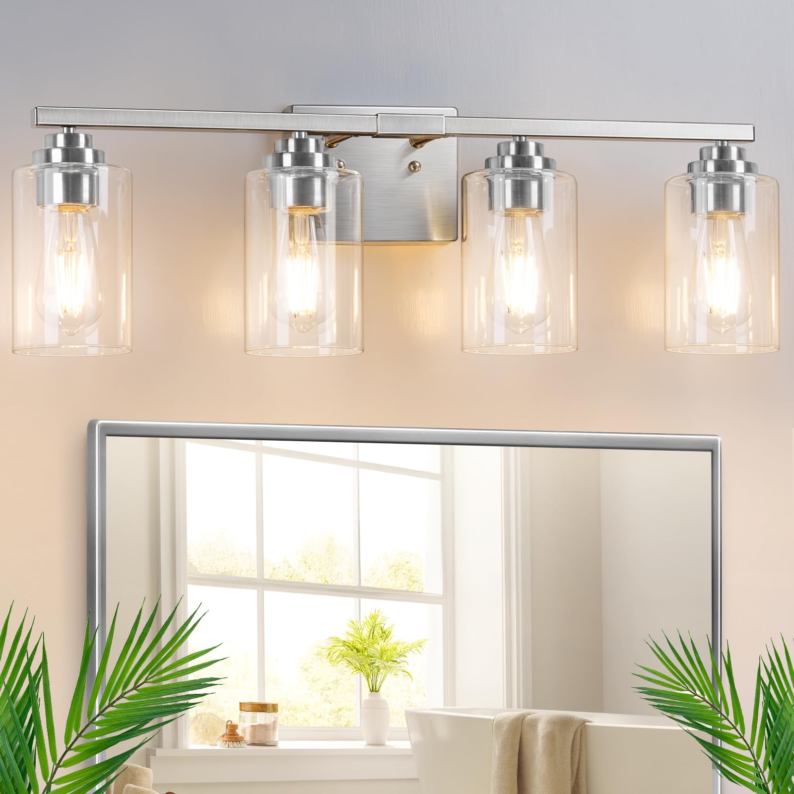 VerRon 4-Light Bathroom Light Fixture, Brushed Nickel, Metal, Model B27002PB, Modern Vanity Lights with Clear Glass Shades