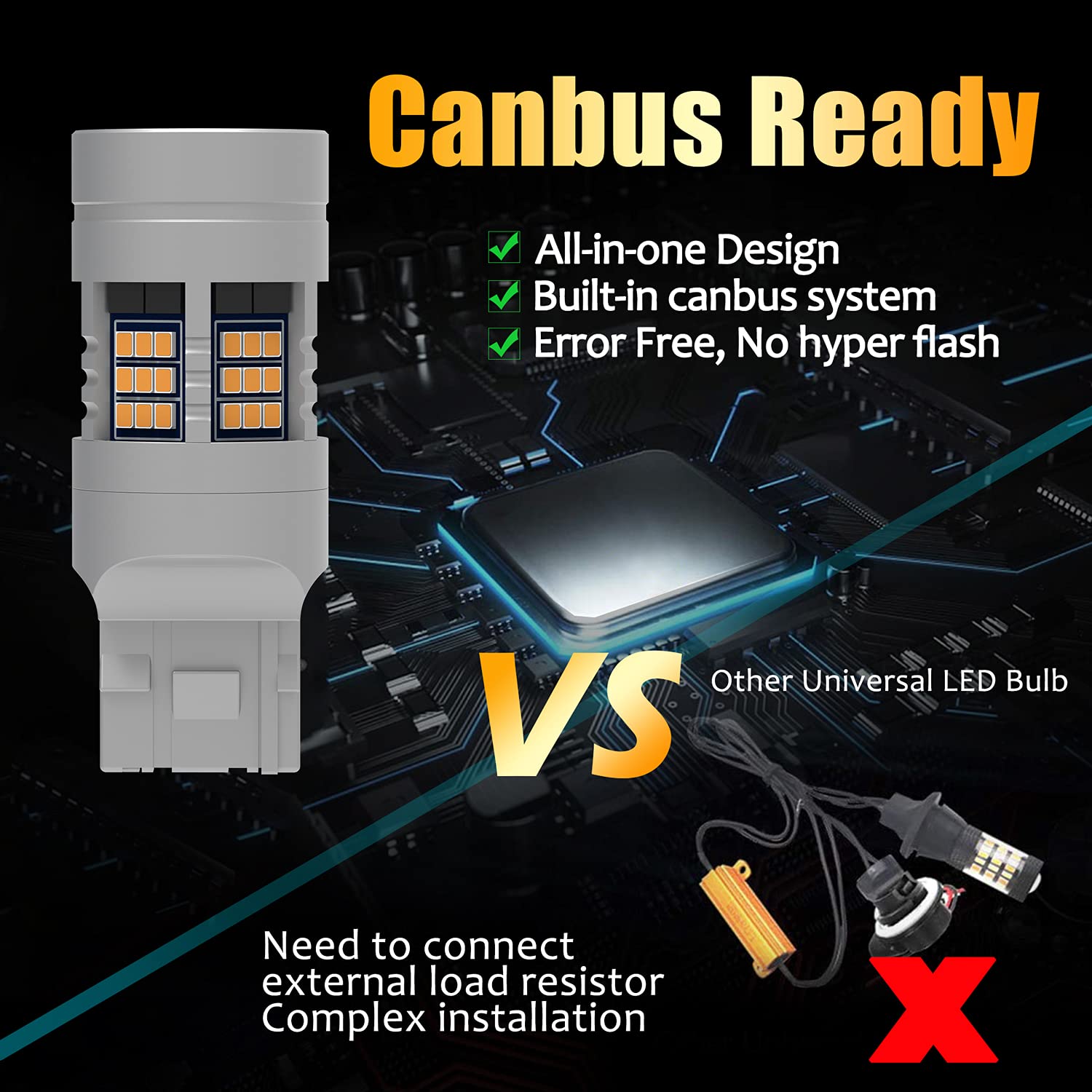 Lighsta 7440 7440A Built In Resistor Anti Hyper Flash Led Bulbs Amber Yellow, T20 7440Na 7441 W21W Wy21W Canbus Error Free Led B