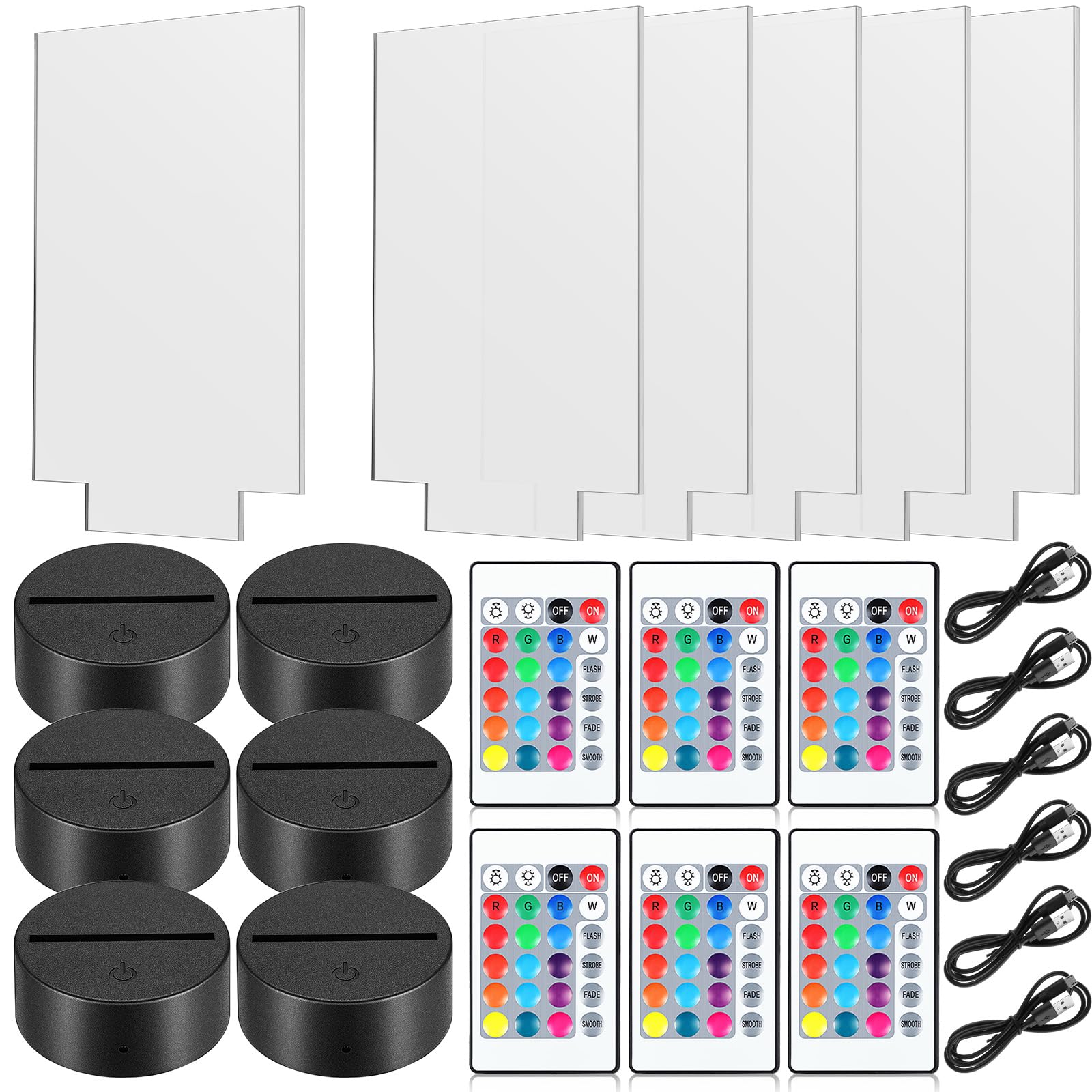 6 Sets 3D Night LED Light Lamp Bases Including 6 Light Display Stands 6 Clear Acrylic Sheets 6 Remote Controls 6 Charging Cables