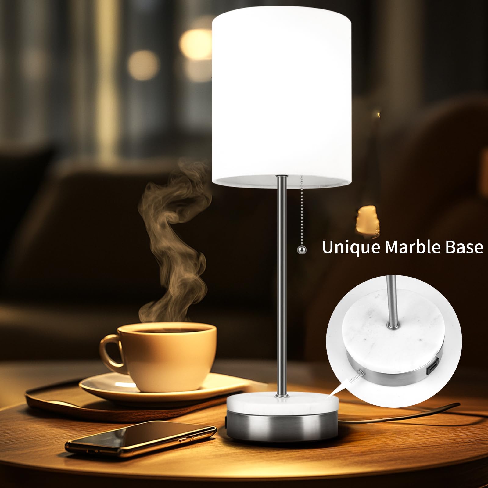 Velxee Marble Table Lamp, Bedside Lamps With Pull Chain For Bedroom, Lamp For Night Stands With Usb Ports And Square Shade For L