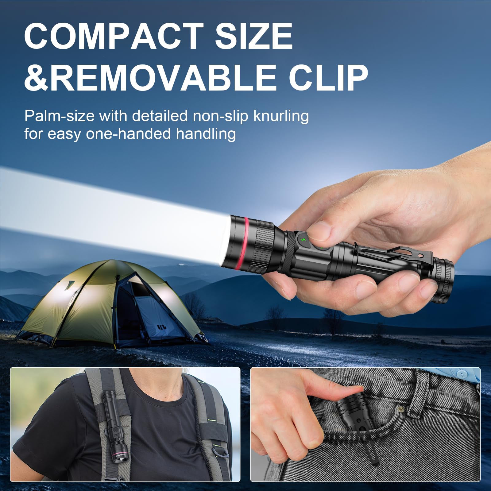 Wdtpro 2000 Lumens Rechargeable Led Flashlight, 5 Modes, Waterproof, Tactical With Clip