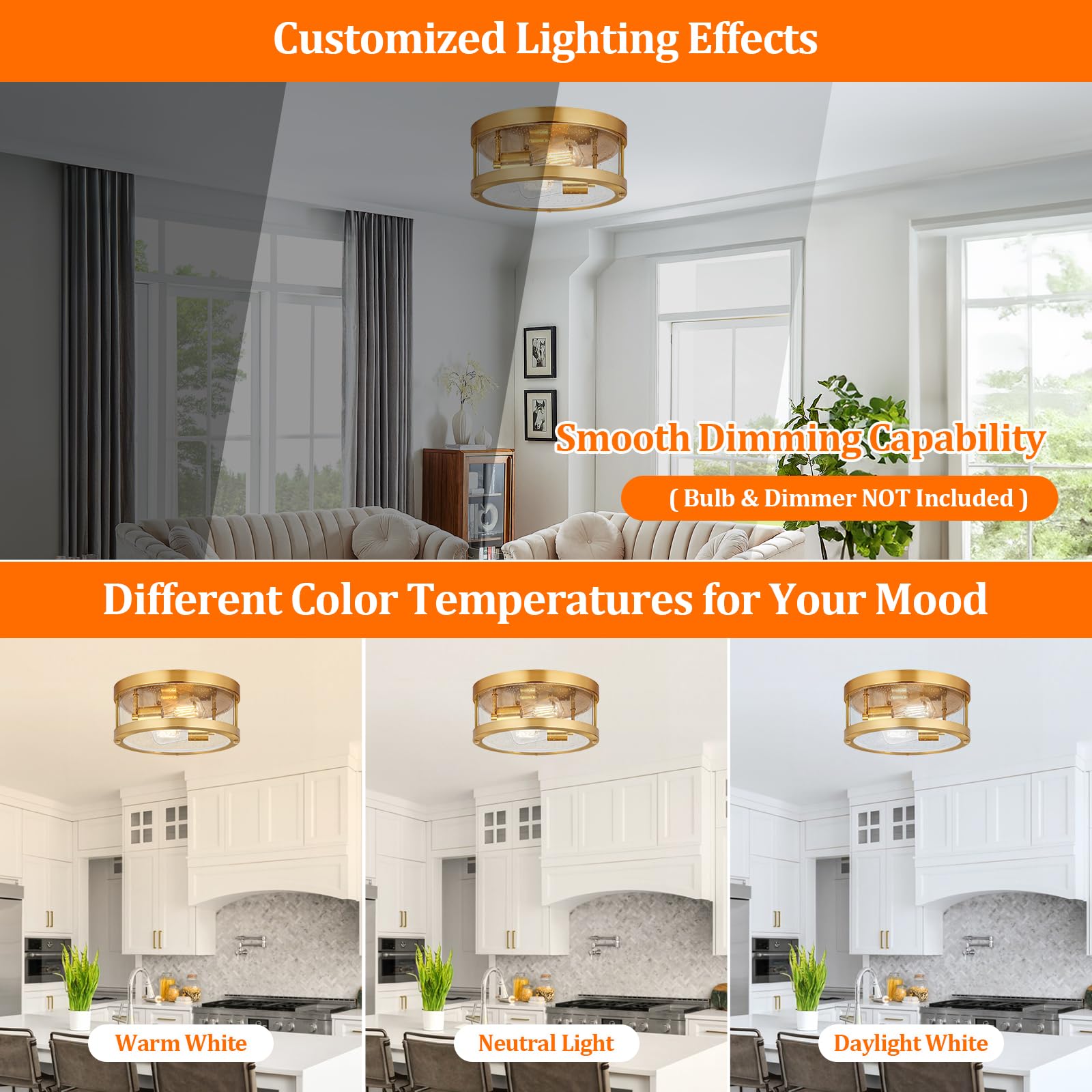 2-Light Gold Close To Ceiling Light Fixture, Farmhouse Light Fixture With Seeded Glass Lampshade, Industrial Flush Mount Ceiling