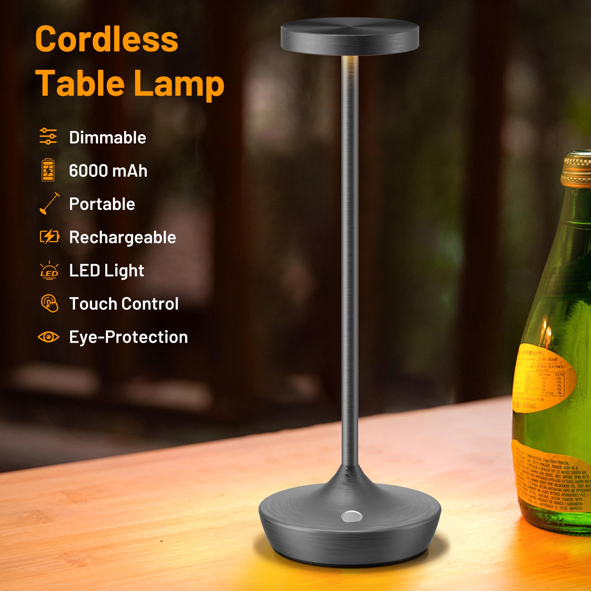 YHT Rechargeable Cordless Table Lamp, 6000mAh LED, Waterproof, 3-Color Touch Dimmable, Grey-2P, Model X86