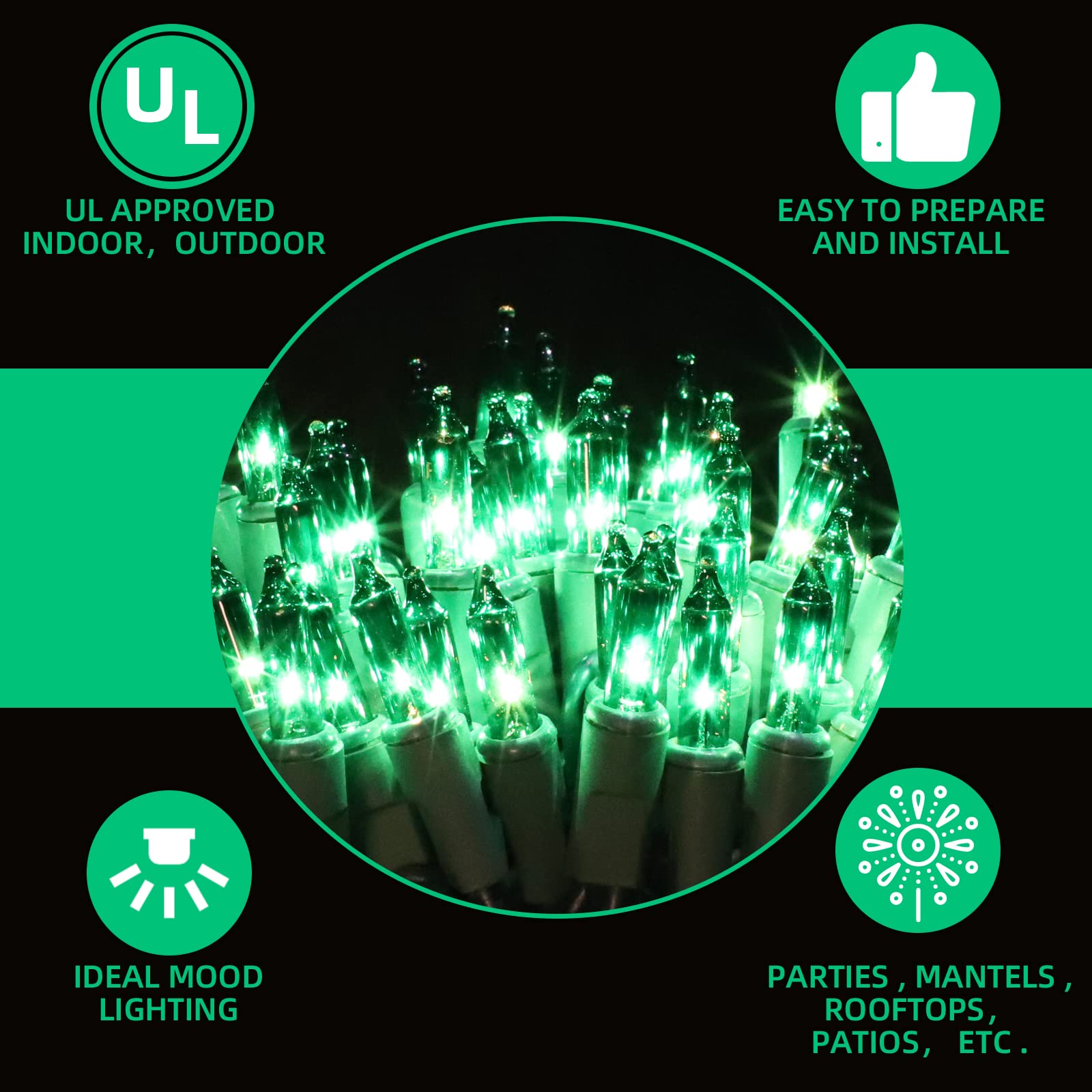 Xmashome 19.6Ft Green Wire Green String Lights, 100 Count Incandescent Christmas Lights (Green, 100 Lights)